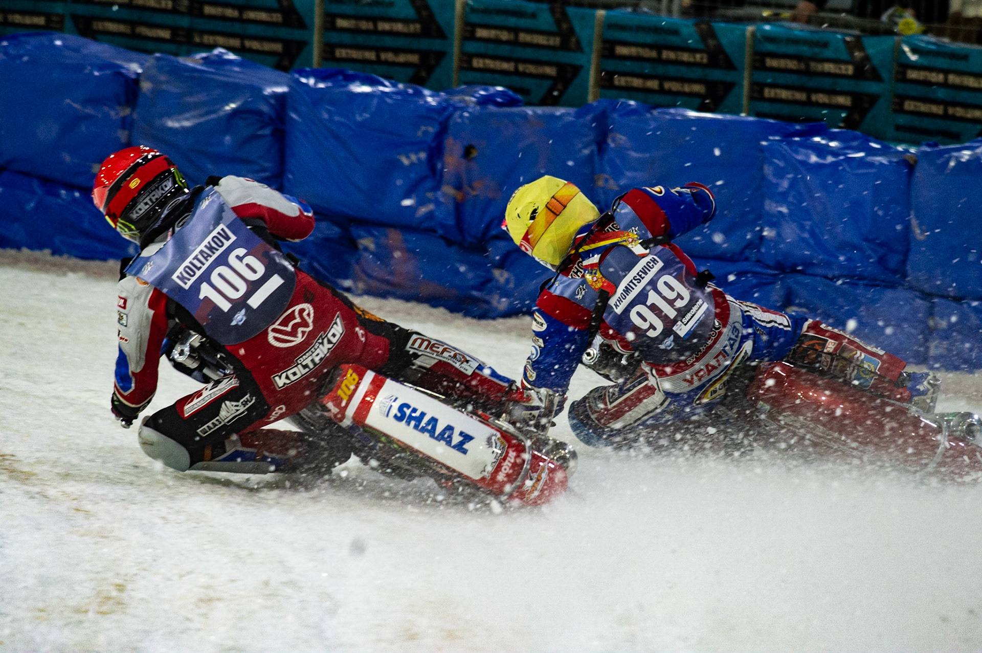 Photo: Ian Charles

Dmitri Koltakov (106) passes Dmitri Khomitsevich (919) on the inside 

FIM Ice Speedway Gladiators World Championship, Event 5.2, Ice Rink Thialf, Heerenveen, Netherlands Sunday  31  March  2019