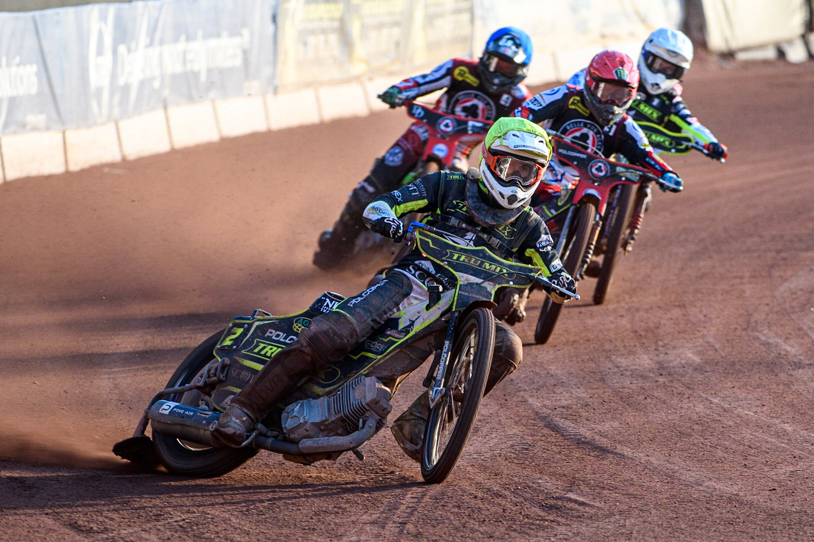 Keynan Rew (Yellow) leads Jaimon Lidsey (Red), Emil Sayfutdinov (White) and Charles Wright (Blue) during the Sports Insure Premiership match between Belle Vue Aces and Ipswich Witches at the National Speedway Stadium, Manchester on Monday 17th July 2023. (Photo: Ian Charles | MI News)