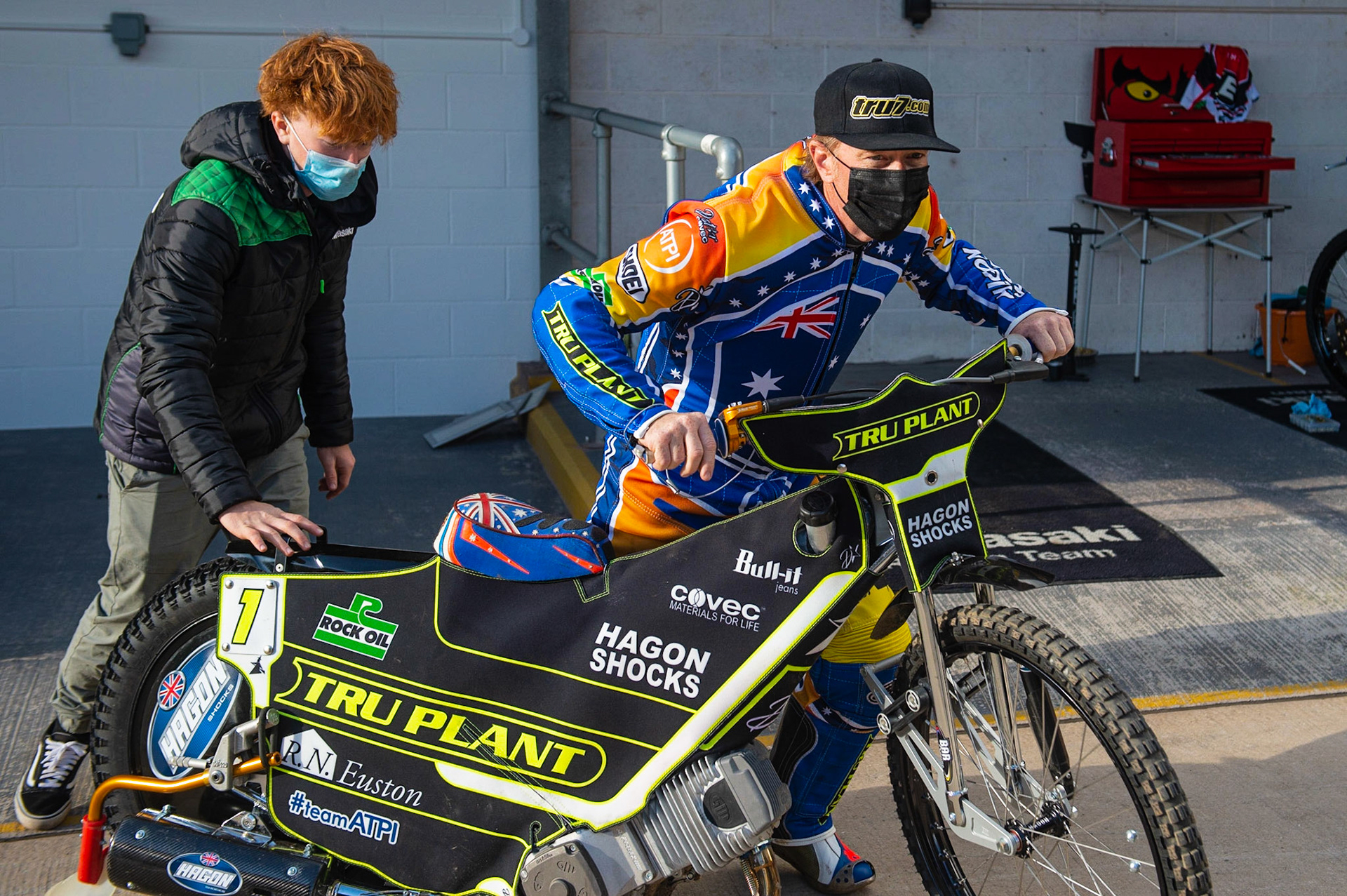 Photo: Ian CharlesJason Crump of Belle Vue 'BikeRight' Aces  push starts his bike assisted by son SethBelle Vue ‘Bikerite ’Aces v ‘ATPI’ All Stars, Premiership Challenge, National Speedway Stadium, Manchester Thursday  24  September  2020