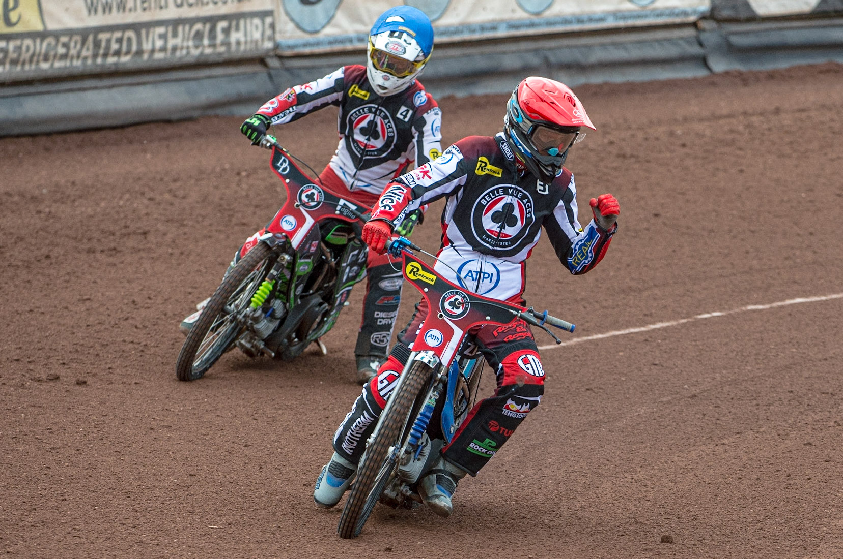 MANCHESTER, UK. JUN 13THMatej Zagar  celebrates his win  during the SGB Premiership match between Belle Vue Aces and WolverhamptoWolves at the National Speedway Stadium, Manchester on Monday 13th June 2022. (Credit: Ian Charles | MI News)