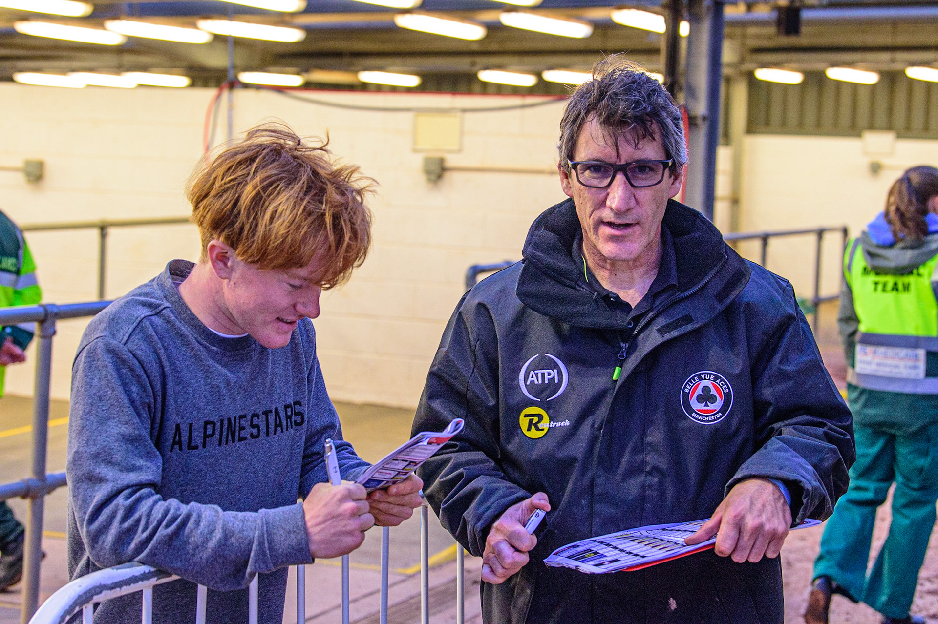 MANCHESTER, UK. MAY 16TH Belle Vue ATPI Aces manager Mark Lemon (right) with Seth Crump son of Multi Speedway World Champion Jason Crump during the SGB Premiership match between Belle Vue Aces and King's Lynn Stars at the National Speedway Stadium, Manchester on Monday 16th May 2022. (Credit: Ian Charles | MI News)