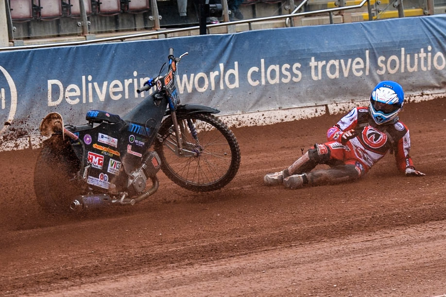 Belle Vue Colts' Billy Budd rears at the start between Leicester Lion Cubs' Guest Rider Darryl Ritchings in White and Leicester Lion Cubs' Sonny Springer in Yellow during the WSRA National Development League match between Belle Vue Colts and Leicester Lion Cubs at the National Speedway Stadium, Manchester on Friday 18th April 2025. (Photo: Ian Charles | MI News)