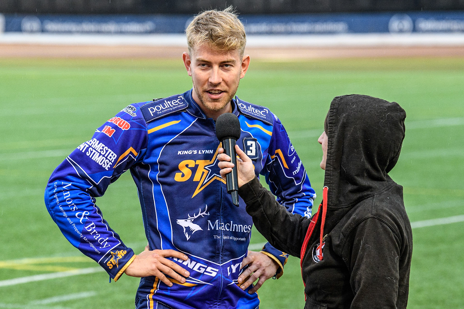 Frederik Jakobsen is interviewed by Hayley Bromley during the Sports Insure Premiership match between Belle Vue Aces and King's Lynn Stars at the National Speedway Stadium, Manchester on Monday 12th June 2023. (Photo: Ian Charles | MI News)