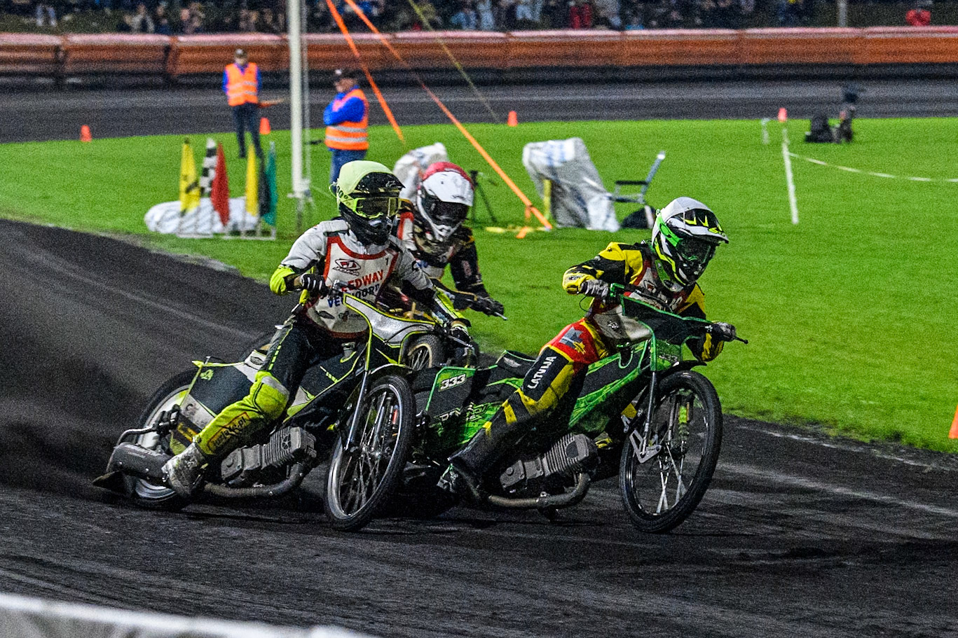 Damirs Filimonov of Latvia in White leading Lars Skupien of Poland in Yellow and Victor Larsen of Denmark in Red into the first turn during the Golden JOPA Helmet at Sportpark Veenoord, Veenoord, Netherlands on Saturday 21st September 2024. (Photo: Ian Charles | MI News)