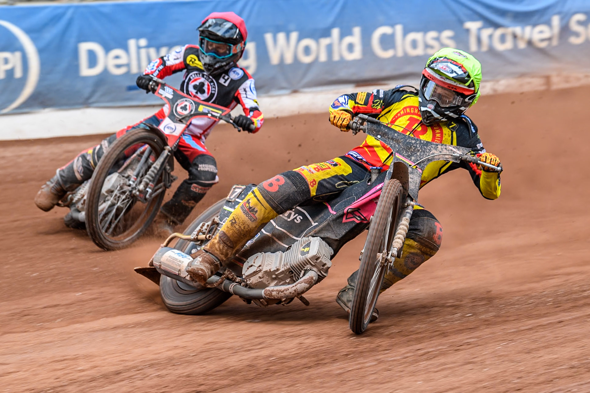 Birmingham Brummies' Leon Flint  in Yellow leading Belle Vue Aces' Ben Cook  in Red during the Rowe Motor Oil Premiership match between Belle Vue Aces and Birmingham Brummies at the National Speedway Stadium, Manchester on Monday 6th May 2024. (Photo: Ian Charles | MI News)