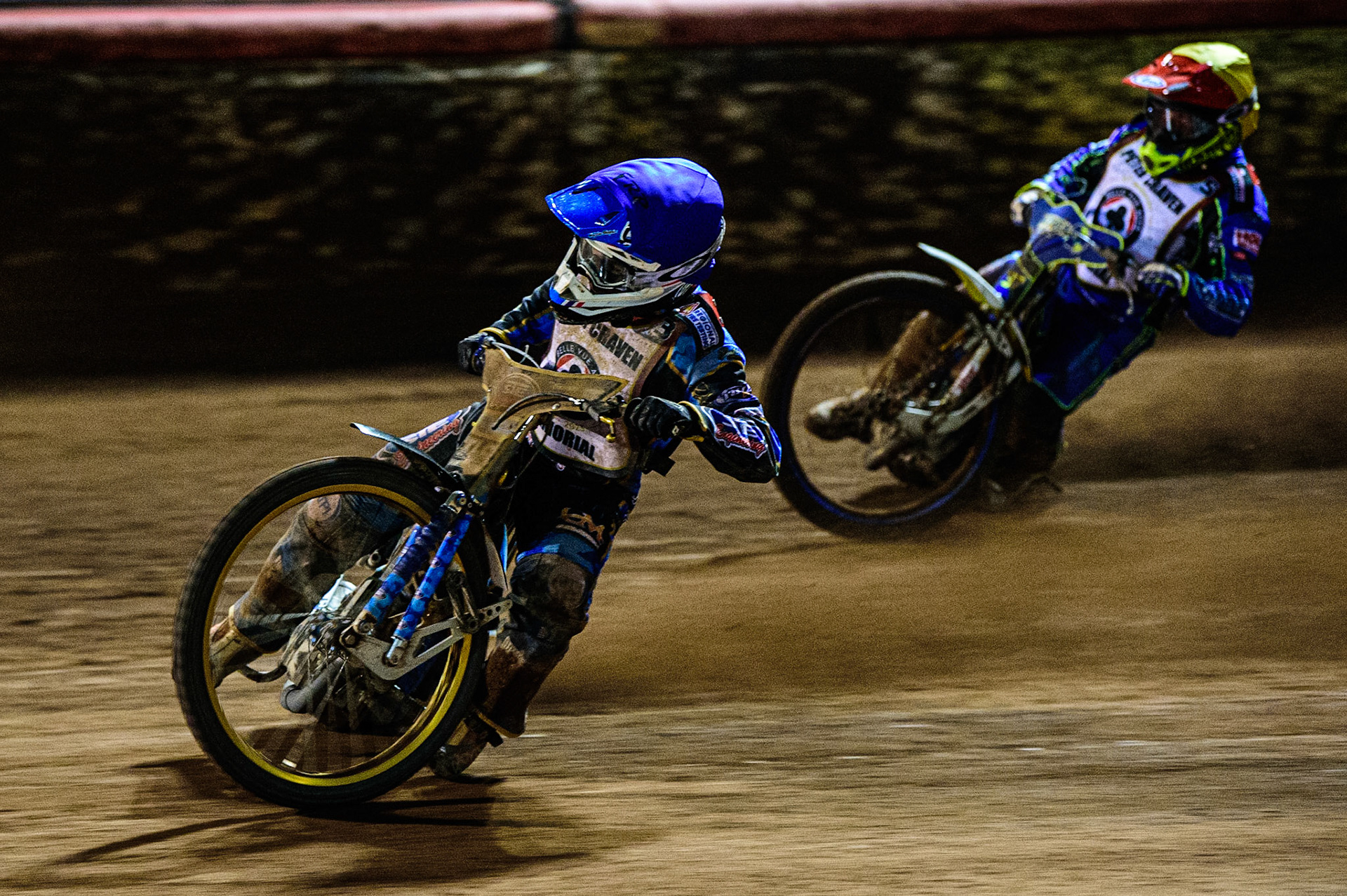 Justin Sedgmen  (Blue) leads Chris Harris  (Yellow) during the Peter Craven Memorial Trophy  at the National Speedway Stadium, Manchester on Monday 3rd April 2023. (Photo: Ian Charles | MI News)