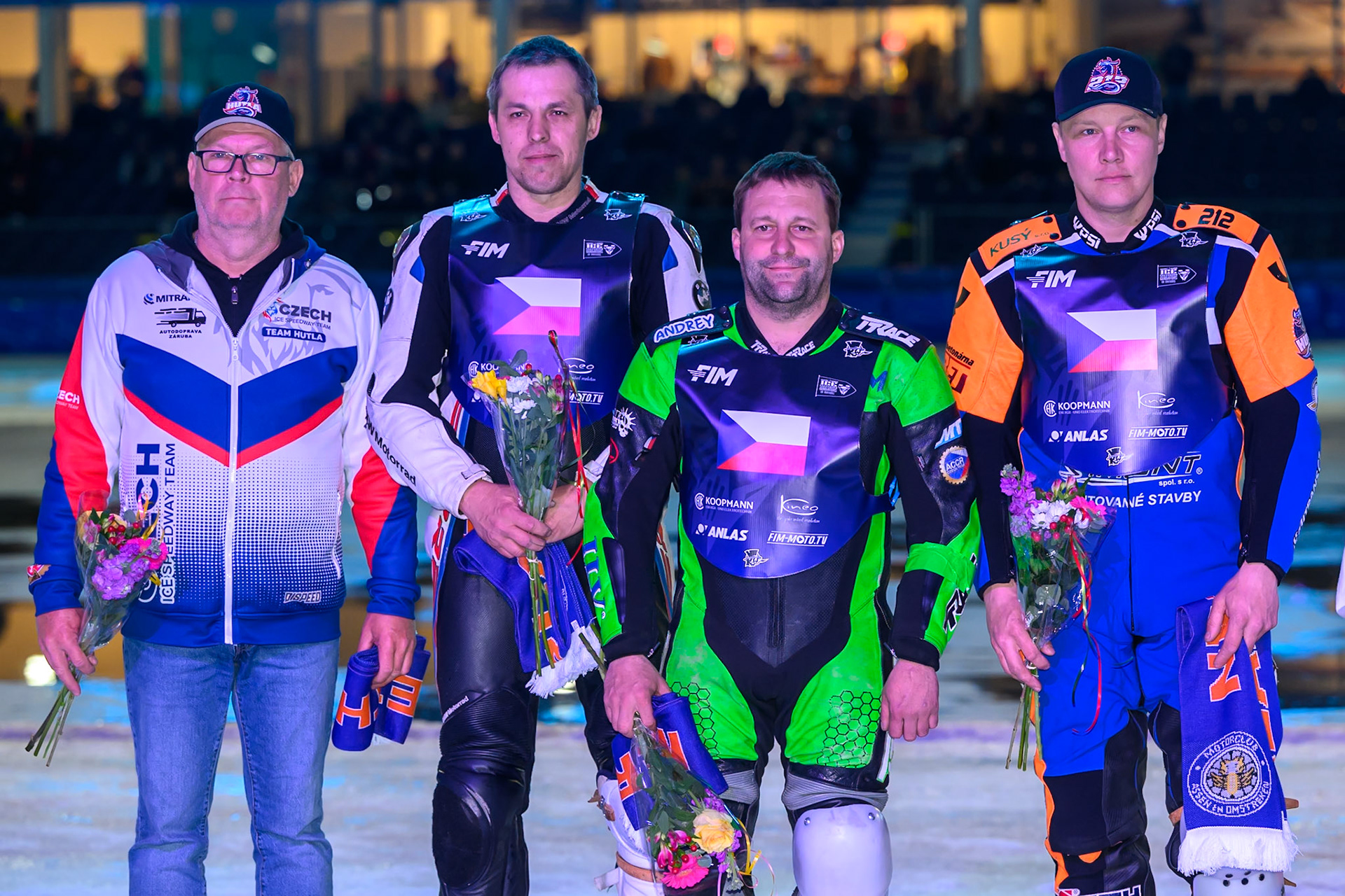 Czechia: Radek Hutla, Team Manager of Czechia, David Ližák, Andrej Diviš, Lukáš Hutla during the FIM Ice Speedway Of Nations at Ice Rink Thialf, Heerenveen on Sunday 12th April 2026. (Photo: Ian Charles | MI News)