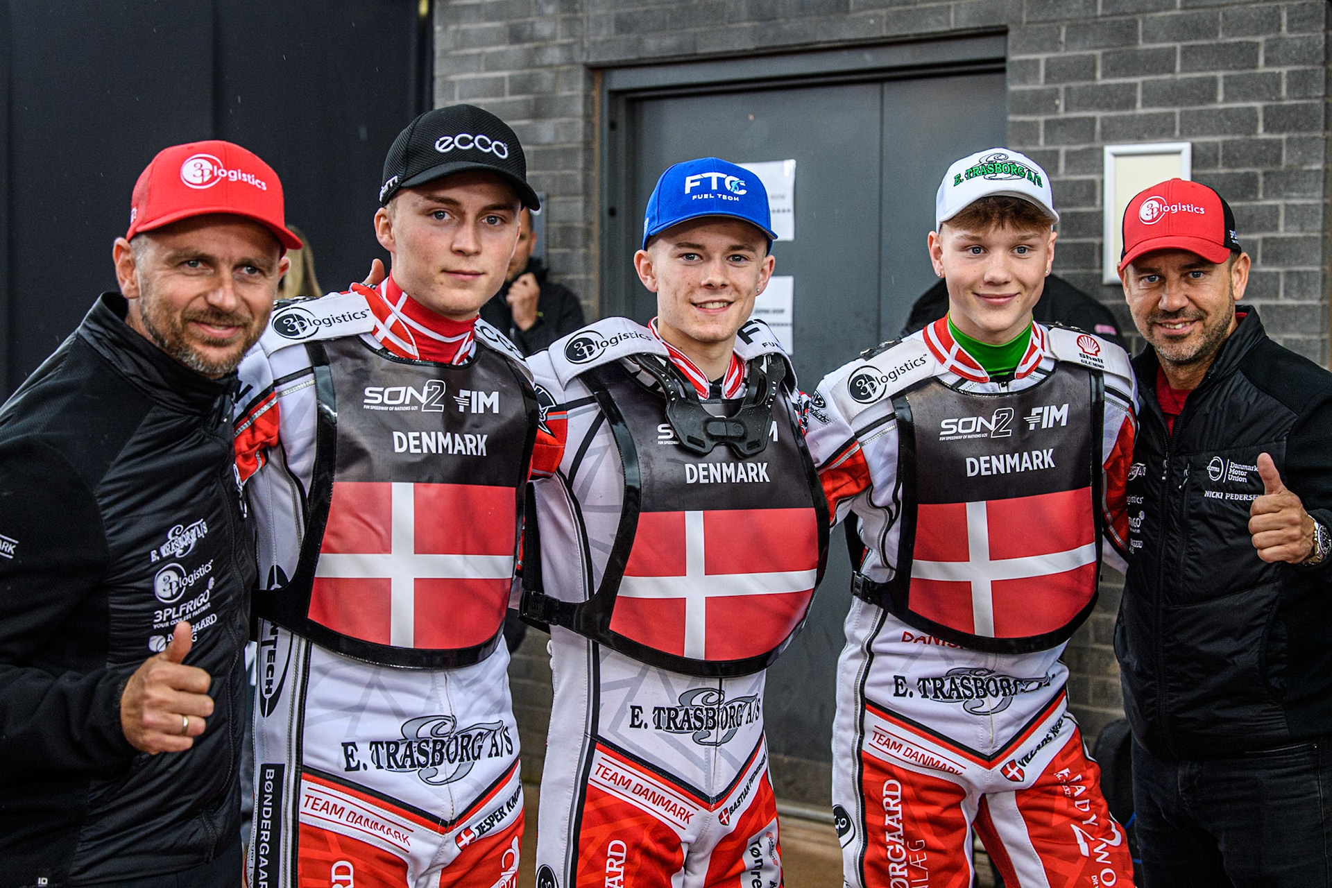 DENMARK (L to R) Danish Joint Team manager, Hans Andersen, Jesper Knudsen, Bastian Pedersen, Villads Nagel and Danish Joint Team manager, Nicki Pedersen during the Monster Energy FIM Speedway of Nations 2 (Under 21) Final at the National Speedway Stadium, Manchester on Friday 12th July 2024. (Photo: Ian Charles | MI News)