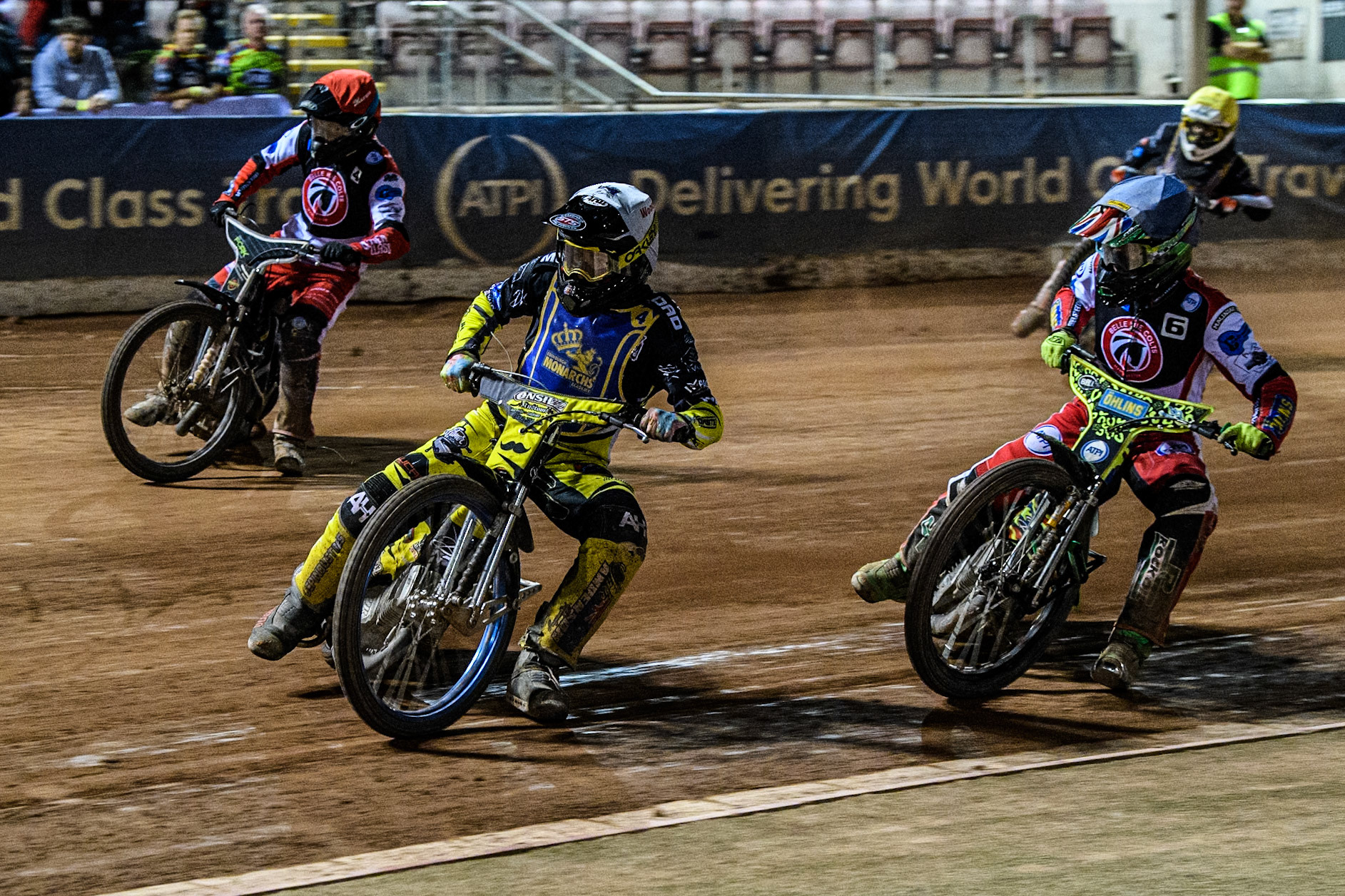 Edinburgh Monarchs' Dayle Wood in White leading Belle Vue Colts' William Cairns in Blue, Belle Vue Colts' Matt Marson in Red and Edinburgh Monarchs' Mark Parker in Yellow during the WSRA National Development League match between Belle Vue Aces and Edinburgh Monarchs at the National Speedway Stadium, Manchester on Friday 30th August 2024. (Photo: Ian Charles | MI News)