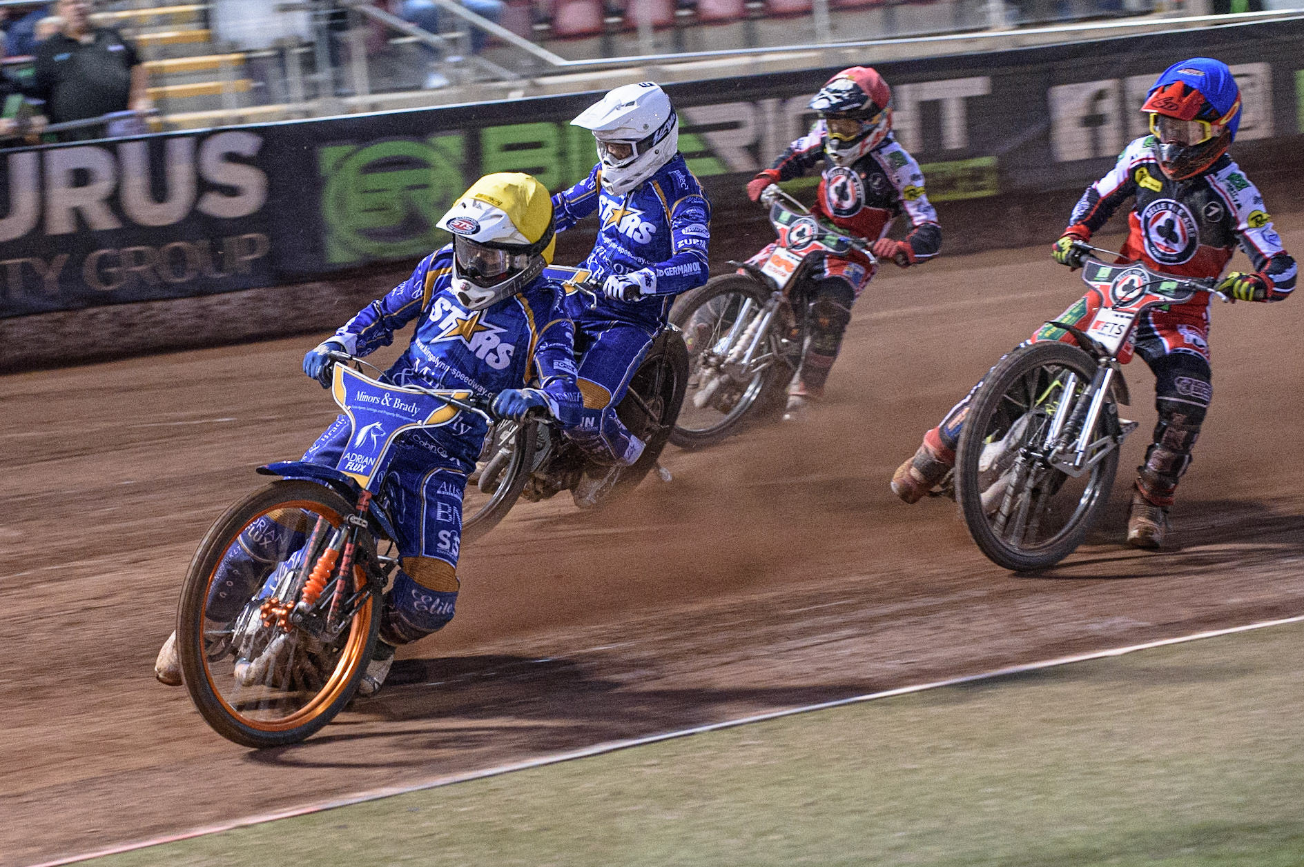 MANCHESTER, UK. AUGUST 23RD    Lewis Kerr   (Yellow) leads Erik Riss  (White) Jye Etheridge  (Blue) and Dan Bewley  (Red) during the SGB Premiership match between Belle Vue Aces and King's Lynn Stars at the National Speedway Stadium, Manchester on Monday 23rd August 2021. (Credit: Ian Charles | MI News)