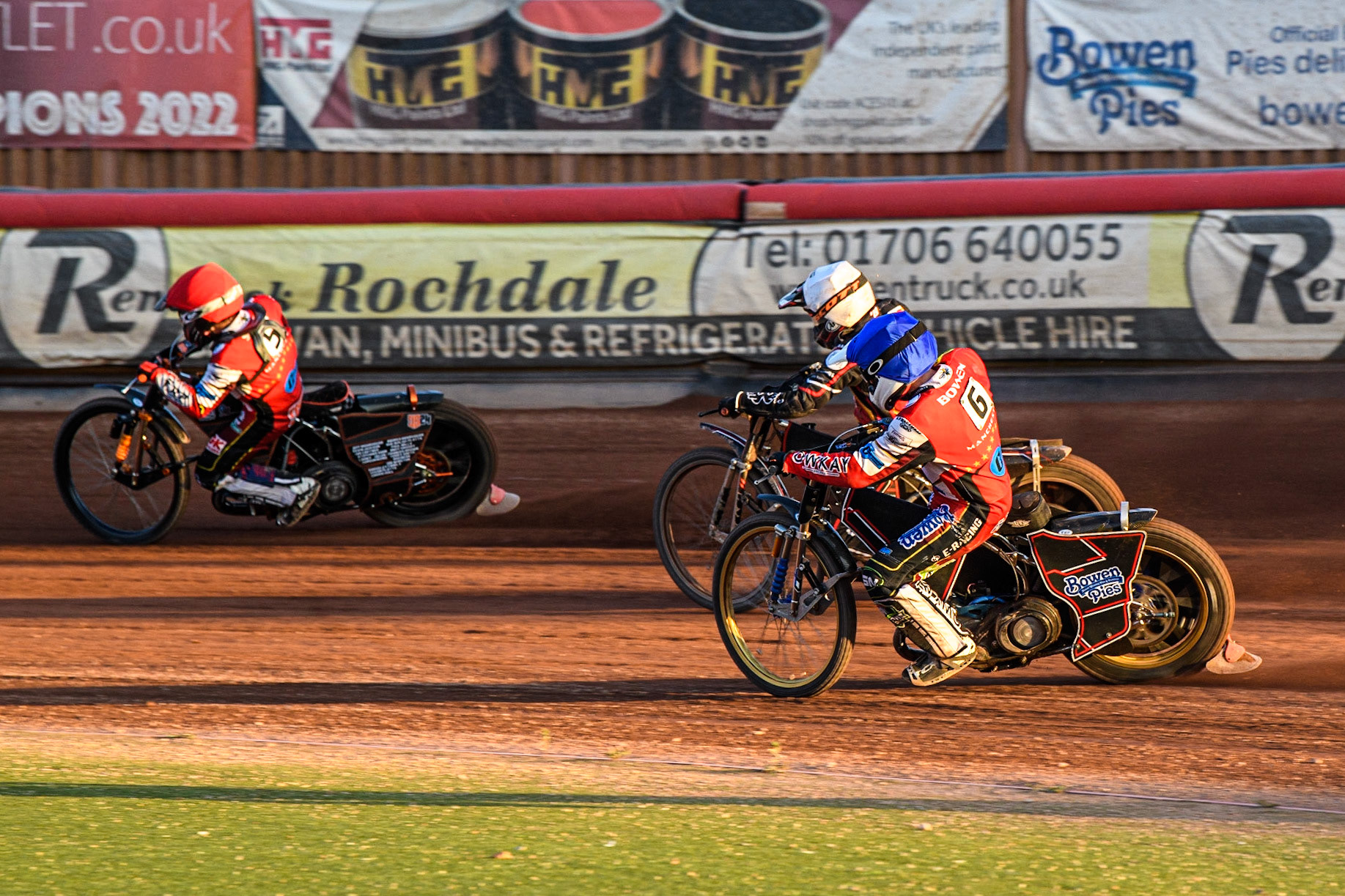 Paul Bowen (Blue) chases Ben Morley (White) and Jack Smith (Red) during the National Development League match between Belle Vue Colts and Kent Royals at the National Speedway Stadium, Manchester on Friday 7th July 2023. (Photo: Ian Charles | MI News)