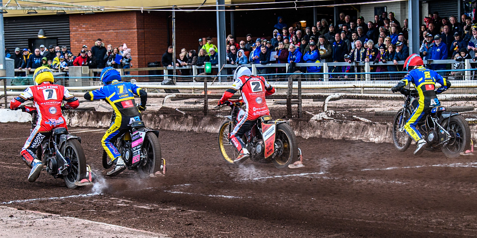 (L to R) Jake Mulford of Belle Vue Aces in Yellow, Leon Flint of Sheffield Tigers in Blue, Norick Blödorn of Belle Vue Aces in White and Anders Rowe of Sheffield Tigers in Red during the Rowe Motor Oil Premiership match between Sheffield Tigers and Belle Vue Aces at Owlerton Stadium, Sheffield on Monday 5th May 2025. (Photo: Ian Charles | MI News)