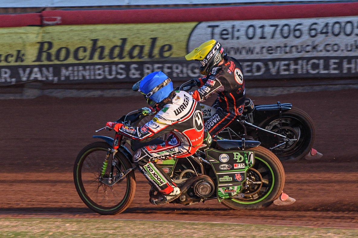 MANCHESTER, UK. JULY 15TH   Charles Wright  (Blue) inside Rory Schlein  (White) during the SGB Premiership match between Belle Vue Aces and Wolverhampton Wolves at the National Speedway Stadium, Manchester on Thursday 15th July 2021. (Credit: Ian Charles | MI News)
