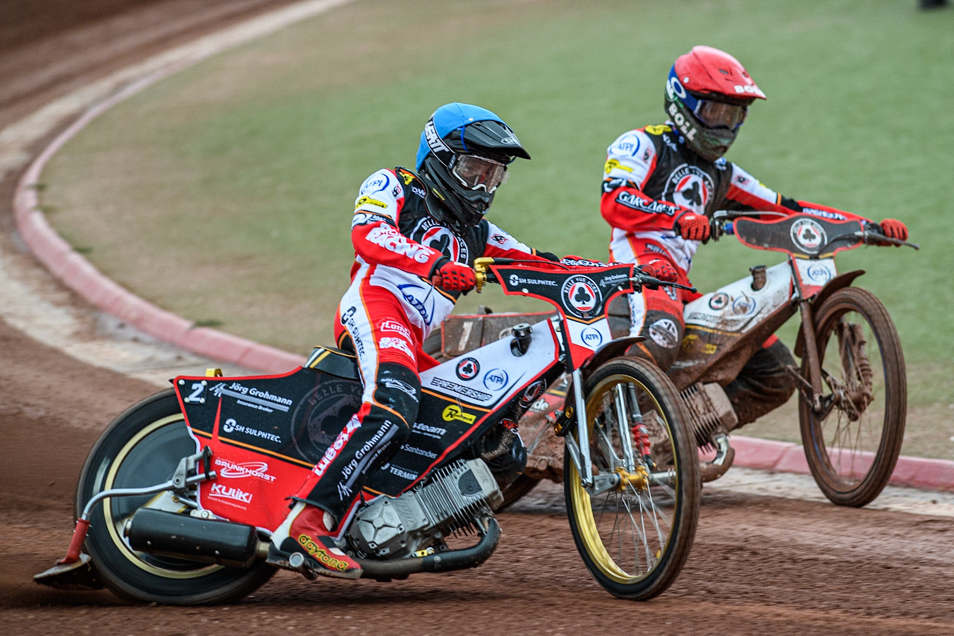 Belle Vue Aces' Norick Blodorn in Blue rides outside team mate Brady Kurtz in Red during the Rowe Motor Oil Premiership match between Belle Vue Aces and Oxford Spires at the National Speedway Stadium, Manchester on Monday 14th April 2025. (Photo: Ian Charles | MI News)