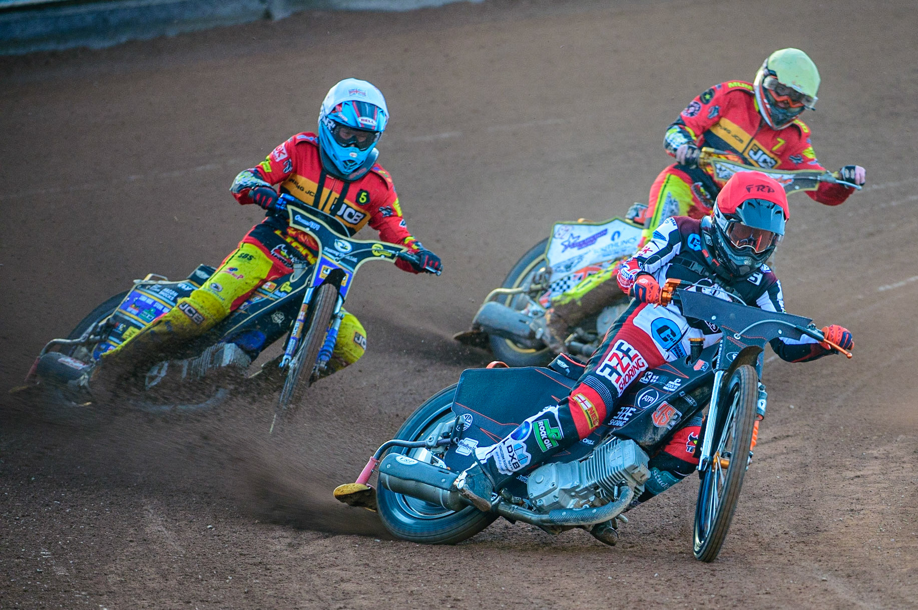 Jack Smith  (Red) leads Joe Thompson   (Yellow) and Mickie Simpson  (Yellow) during the National Development League match between Belle Vue Aces and Leicester Lions at the National Speedway Stadium, Manchester on Friday 19th August 2022. (Credit: Ian Charles | MI News)