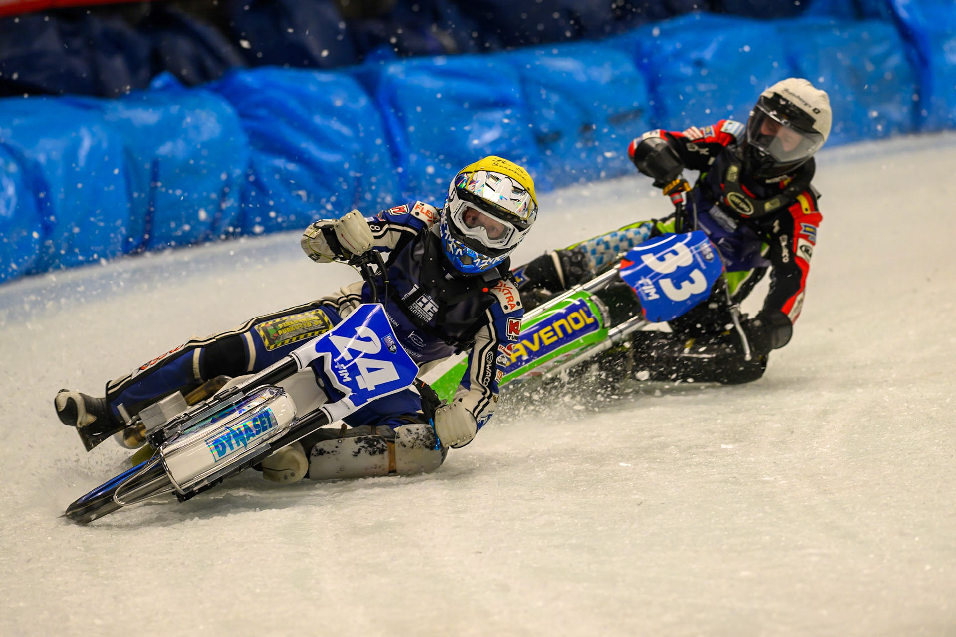 Max Koivula (24) of Finland  in Yellow leading Johann Weber (33) of Germany  in White during the Ice Speedway Gladiators World Championship Final 1 at Max-Aicher-Arena, Inzell on Saturday 14th March 2026. (Photo: Ian Charles | MI News)