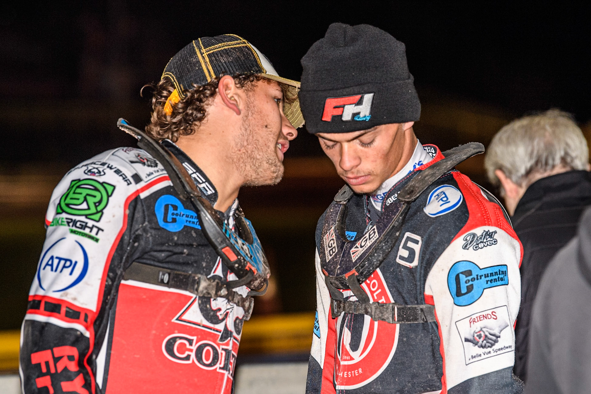 Belle Vue Colts' Harry McGurk  (Left) speaks to Belle Vue Colts' Freddy Hodder  during the WSRA National Development League match between Sheffield Tiger Cubs and Belle Vue Colts at Owlerton Stadium, Sheffield on Thursday 12th September 2024. (Photo: Ian Charles | MI News)