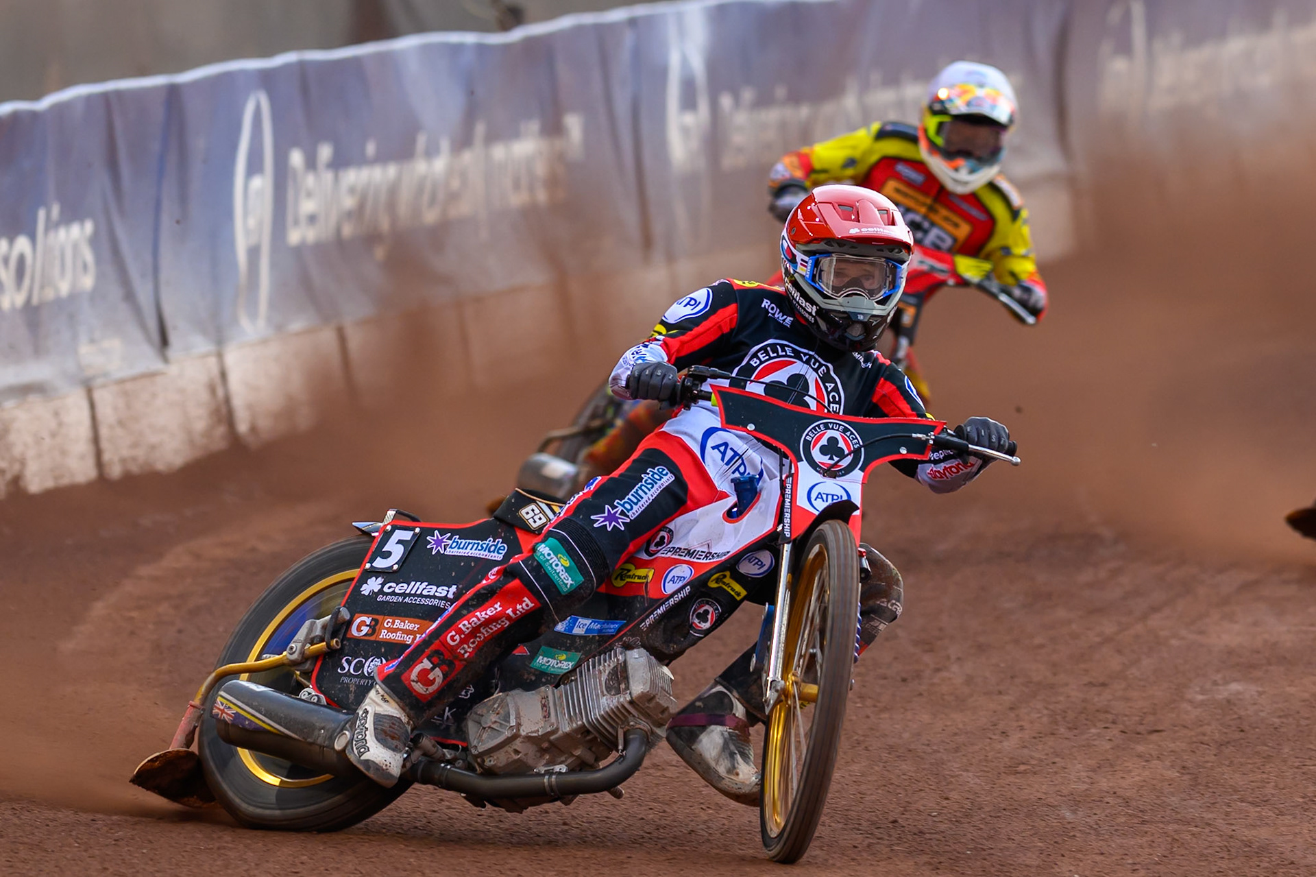 Jason Doyle of Belle Vue Aces in Red leading Nick Morris of Leicester Lions in White during the Rowe Motor Oil Premiership match between Belle Vue Aces and Leicester Lions at the National Speedway Stadium, Manchester on Monday 3rd August 2026. (Photo: Ian Charles | MI News)