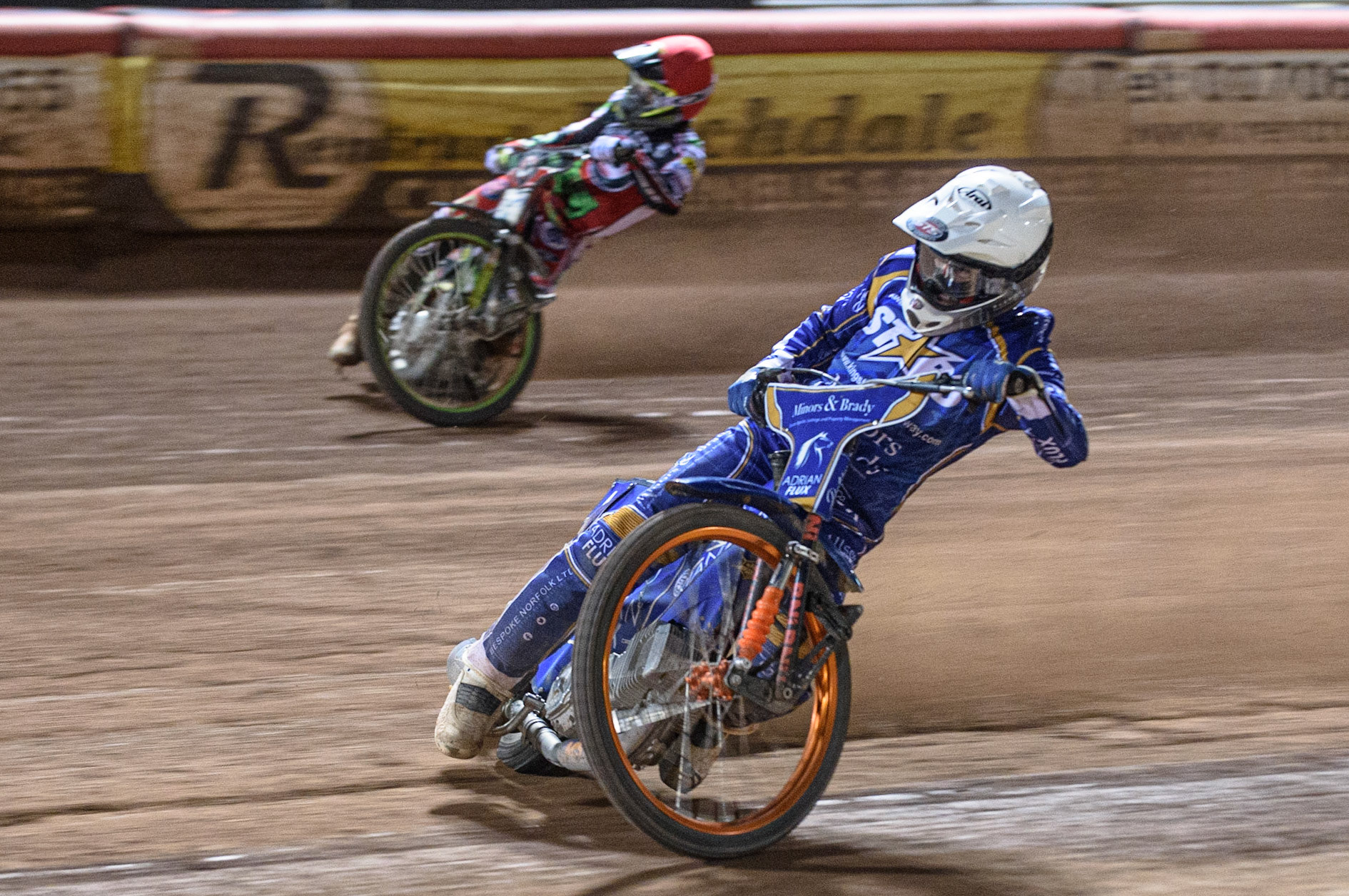MANCHESTER, UK. AUGUST 23RD    Lewis Kerr   (White) inside Charles Wright  (Red) during the SGB Premiership match between Belle Vue Aces and King's Lynn Stars at the National Speedway Stadium, Manchester on Monday 23rd August 2021. (Credit: Ian Charles | MI News)