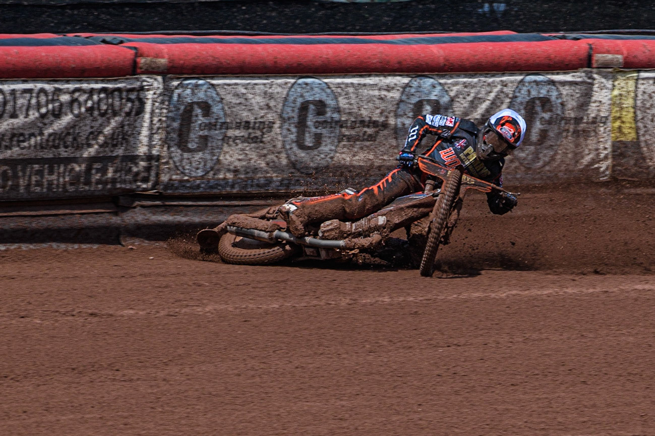 Zach Cook slides off during the Sports Insure Premiership match between Belle Vue Aces and Wolverhampton Wolves at the National Speedway Stadium, Manchester on Monday 29th May 2023. (Photo: Ian Charles | MI News)