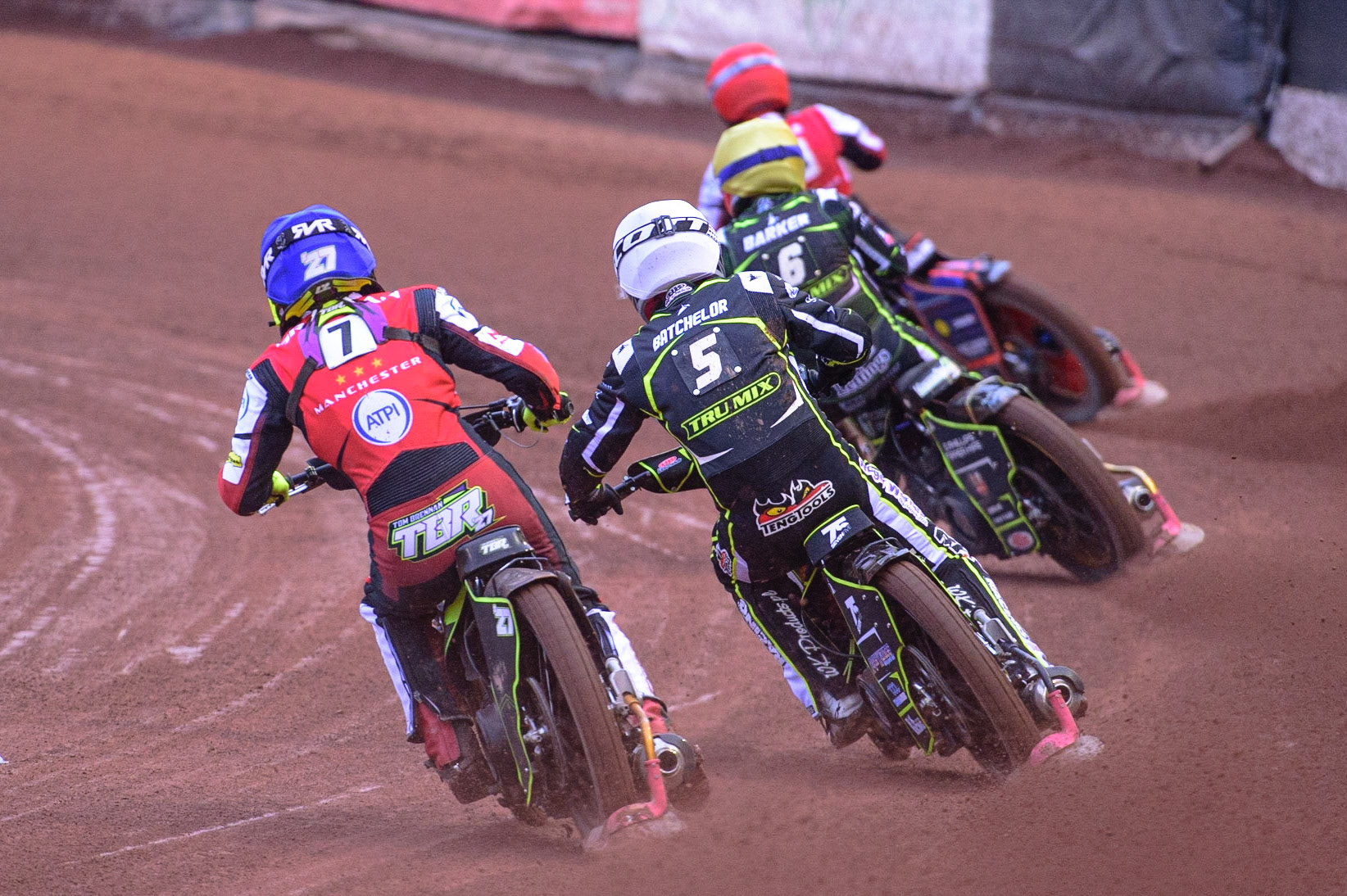 MANCHESTER, UK. JUN 6TH  Tom Brennan  (Blue) leads Troy Batchelor  (White) Ben Barker  (Yellow) and Brady Kurtz  (Red) during the SGB Premiership match between Belle Vue Aces and Ipswich Witches at the National Speedway Stadium, Manchester on Monday 6th June 2022. (Credit: Ian Charles | MI News)