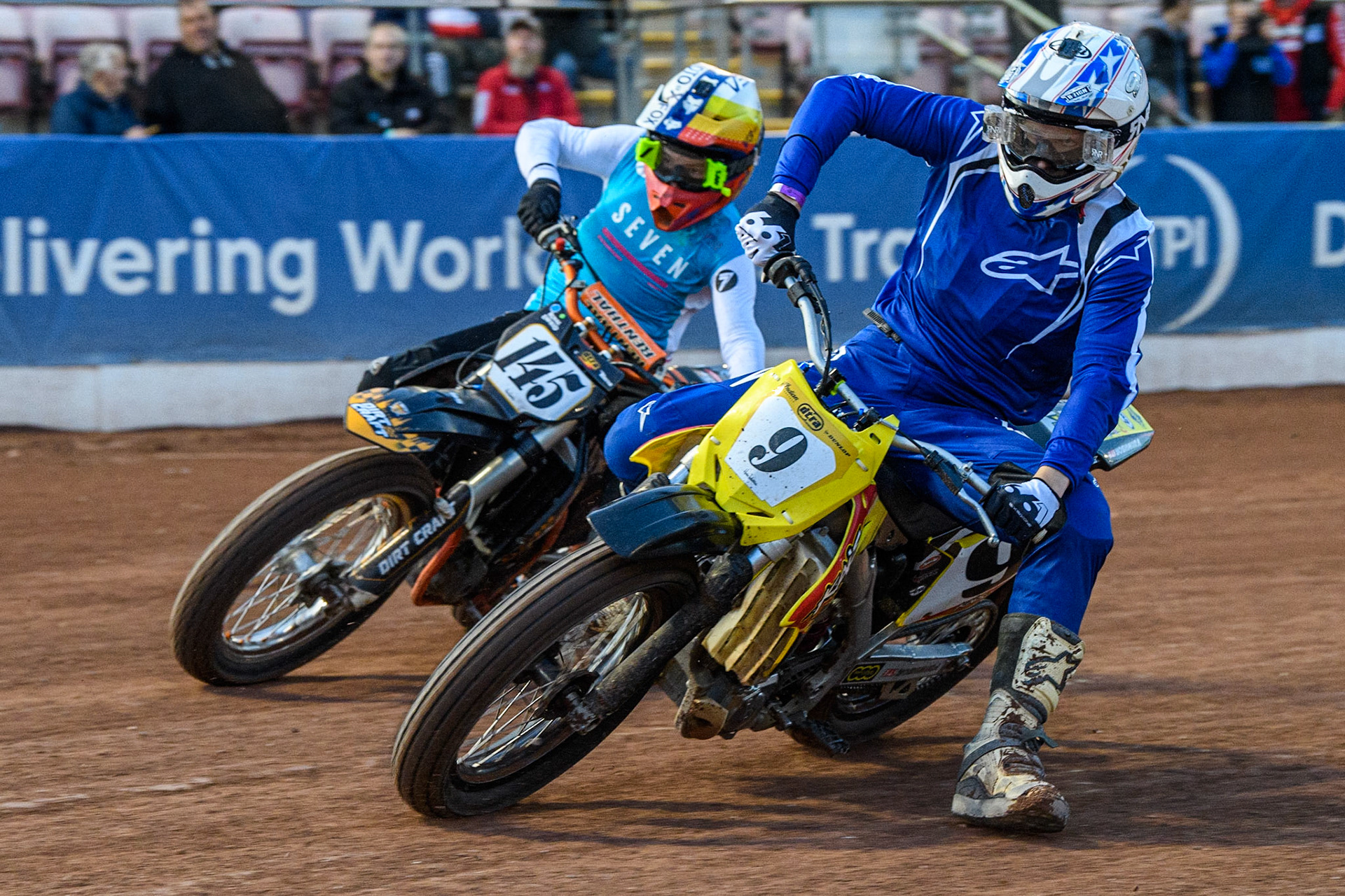 Archie May (9) inside Paddy Moore (145) during the Sports Insure Premiership match between Belle Vue Aces and Wolverhampton Wolves at the National Speedway Stadium, Manchester on Monday 3rd July 2023. (Photo: Ian Charles | MI News)
