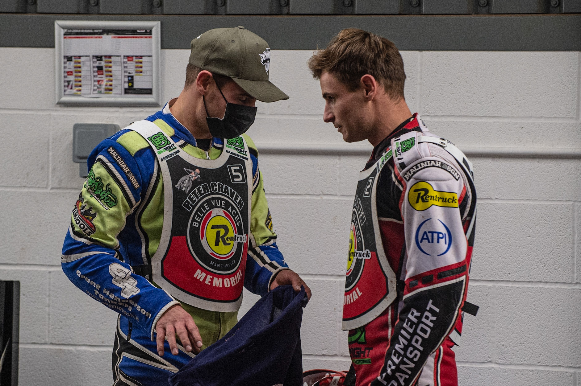 Photo: Ian CharlesRichie Worrall (left) chats with twin brother Steve WorrallPeter Craven Memorial Trophy, National Speedway Stadium, Manchester Thursday  22  October  2020