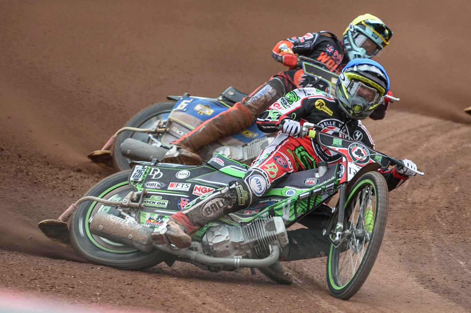 MANCHESTER, UK. AUGUST 30TH Charles Wright  (Blue) leads Ryan Douglas  (Yellow) during the SGB Premiership match between Belle Vue Aces and Wolverhampton Wolves at the National Speedway Stadium, Manchester on Monday 30th August 2021. (Credit: Ian Charles | MI News)