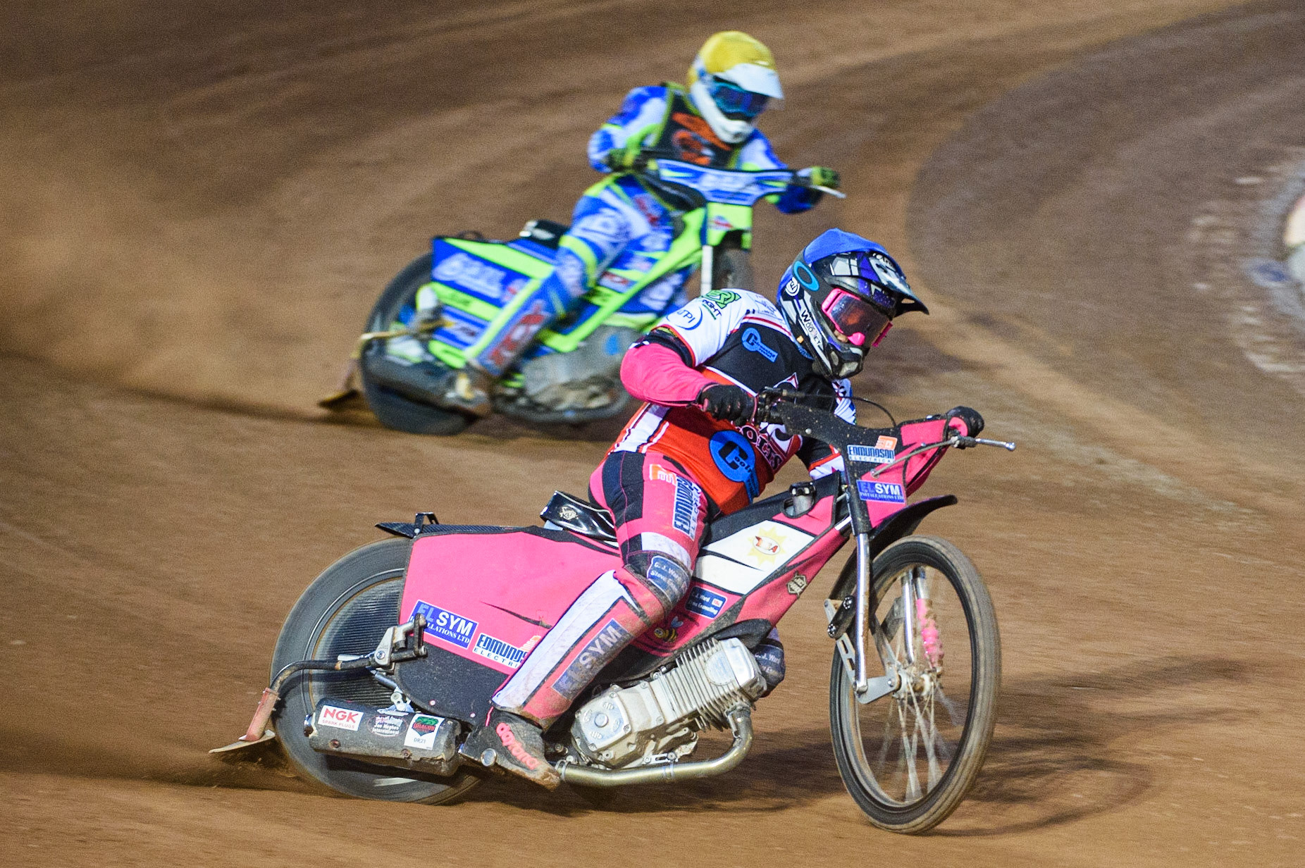 MANCHESTER, SEPT 3RD. Sam Woolley  (Blue) leads Luke Muff (Yellow) during the National Development League match between Belle Vue Aces and Mildenhall Fens Tigers at the National Speedway Stadium, Manchester on Friday 3rd September 2021. (Credit: Ian Charles | MI News)