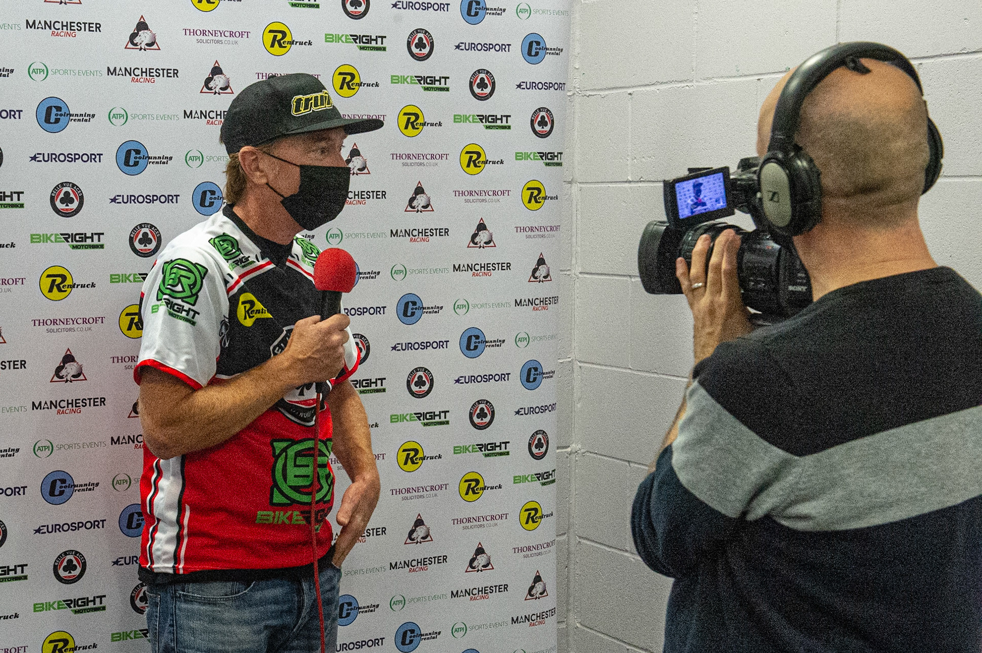 Photo: Ian CharlesJason Crump of Belle Vue 'BikeRight' Aces  gives an interview to the TVBelle Vue ‘Bikerite ’Aces v ‘ATPI’ All Stars, Premiership Challenge, National Speedway Stadium, Manchester Thursday  24  September  2020