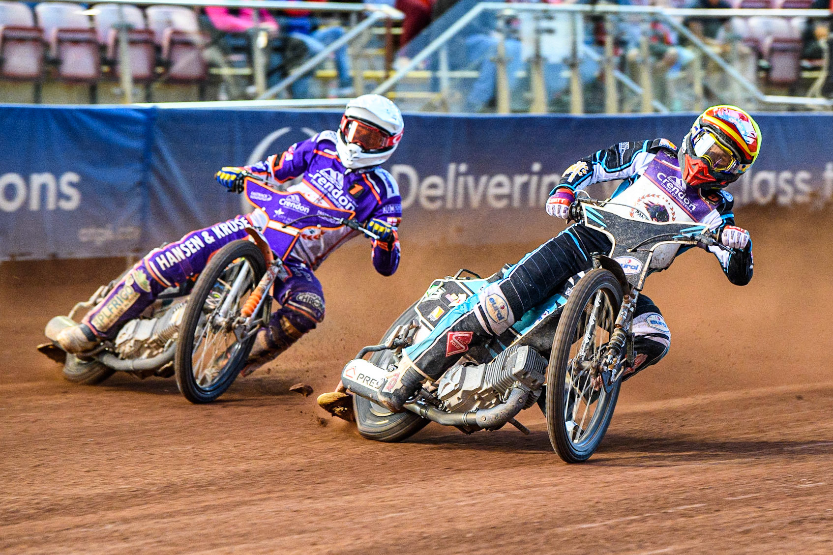 Vadim Tarasenko (Yellow) inside Niels-Kristian Iversen  (White) during the Sports Insure Premiership match between Belle Vue Aces and Peterborough at the National Speedway Stadium, Manchester on Monday 19th June 2023. (Photo: Ian Charles | MI News)