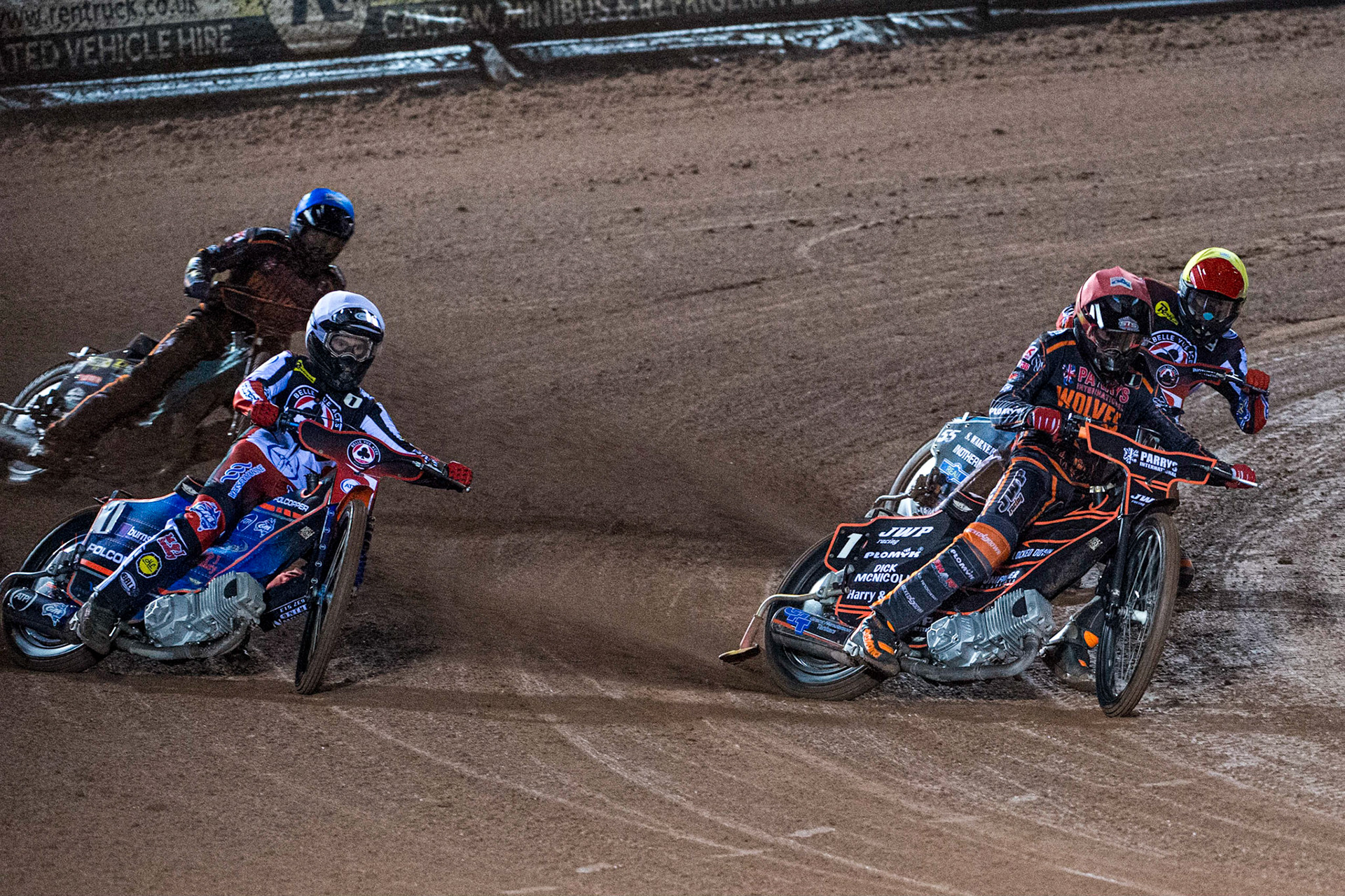 Sam Masters (Red) inside Brady Kurtz (White) with Matej Zagar (Yellow) and Ryan Douglas (Blue) behind during the Grant Henderson Pairs at the National Speedway Stadium, Manchester on Thursday 27th October 2022. (Credit: Ian Charles | MI NEWS)
