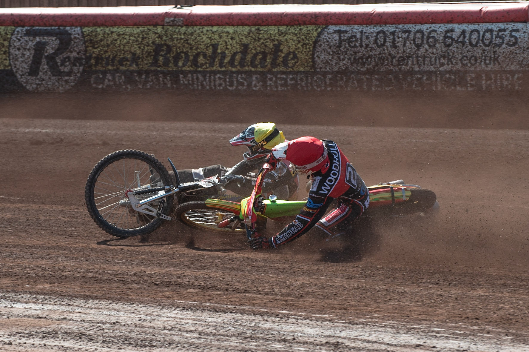 Photo: Ian Charles

Ben Woodhull (Red) brings down Joe Alcock (Yellow)

Belle Vue Colts v Stoke Potters, National League, Belle Vue National Speedway Stadium, Manchester, Friday 19  April  2019