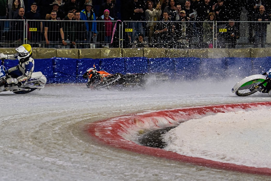 Reserve  Sweden's Filip Jäger (17) slides off into the bales during the FIM Ice Speedway Gladiators World Championship Final 3 at Ice Rink Thialf, Heerenveen on Saturday 6th April 2024. (Photo: Ian Charles | MI News)