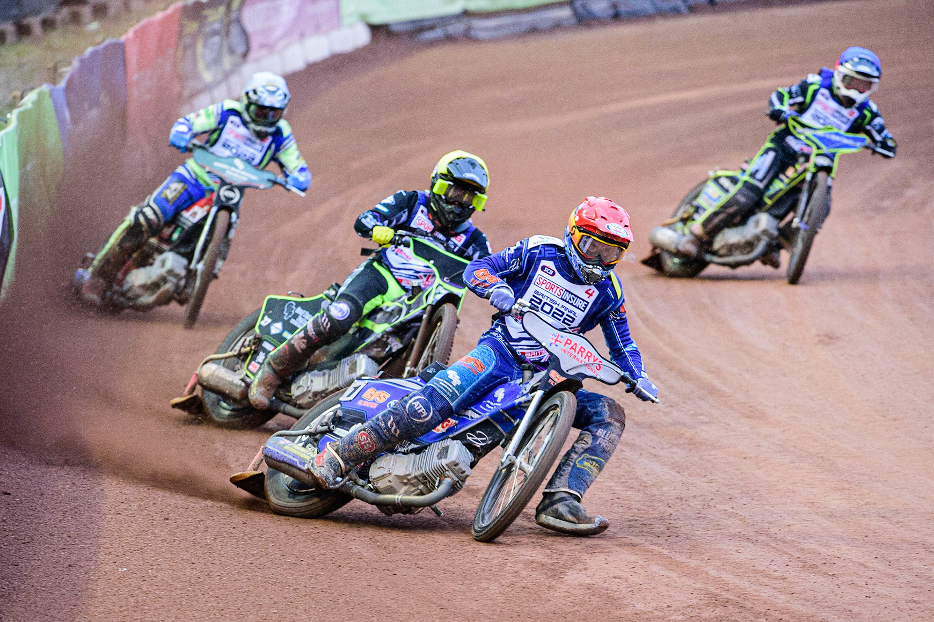 Steve Worrall  (Red) leads Tom Brennan (Yellow) Richie Worrall  (White) and Danyon Hume (Blue) during the Sports Insure British Speedway Championship Final at the National Speedway Stadium, Bellevue, Manchester, England on Monday 1st August 2022. (Photo by: Ian Charles | MI News)
