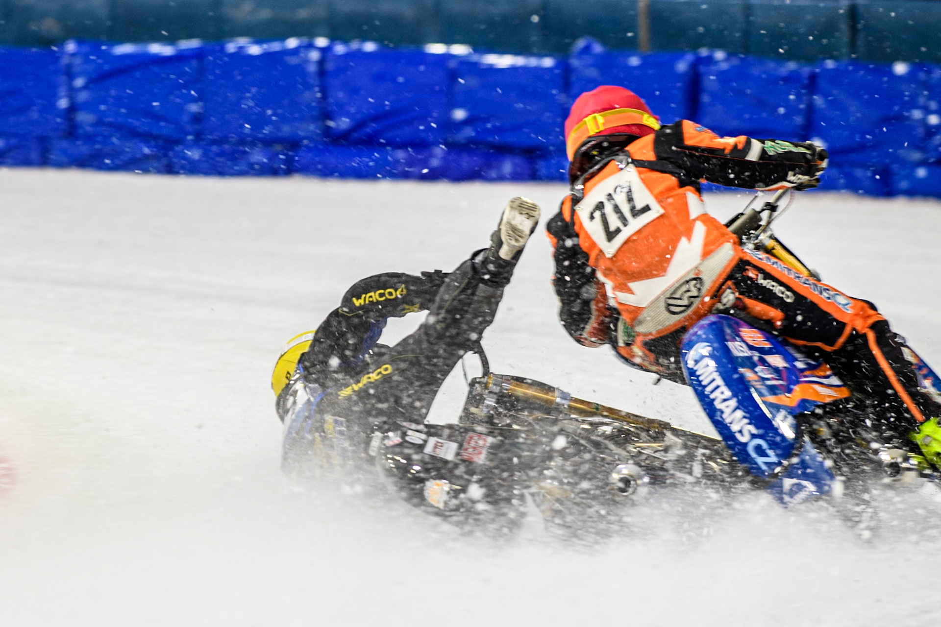 Martin Haarahiltunen (199) of Sweden loses control of his bike during the FIM Ice Speedway Gladiators World Championship, Final 3 at the Ice Stadium, Thialf, Heerenveen on Saturday 5th April 2025. (Photo: Ian Charles | MI News)