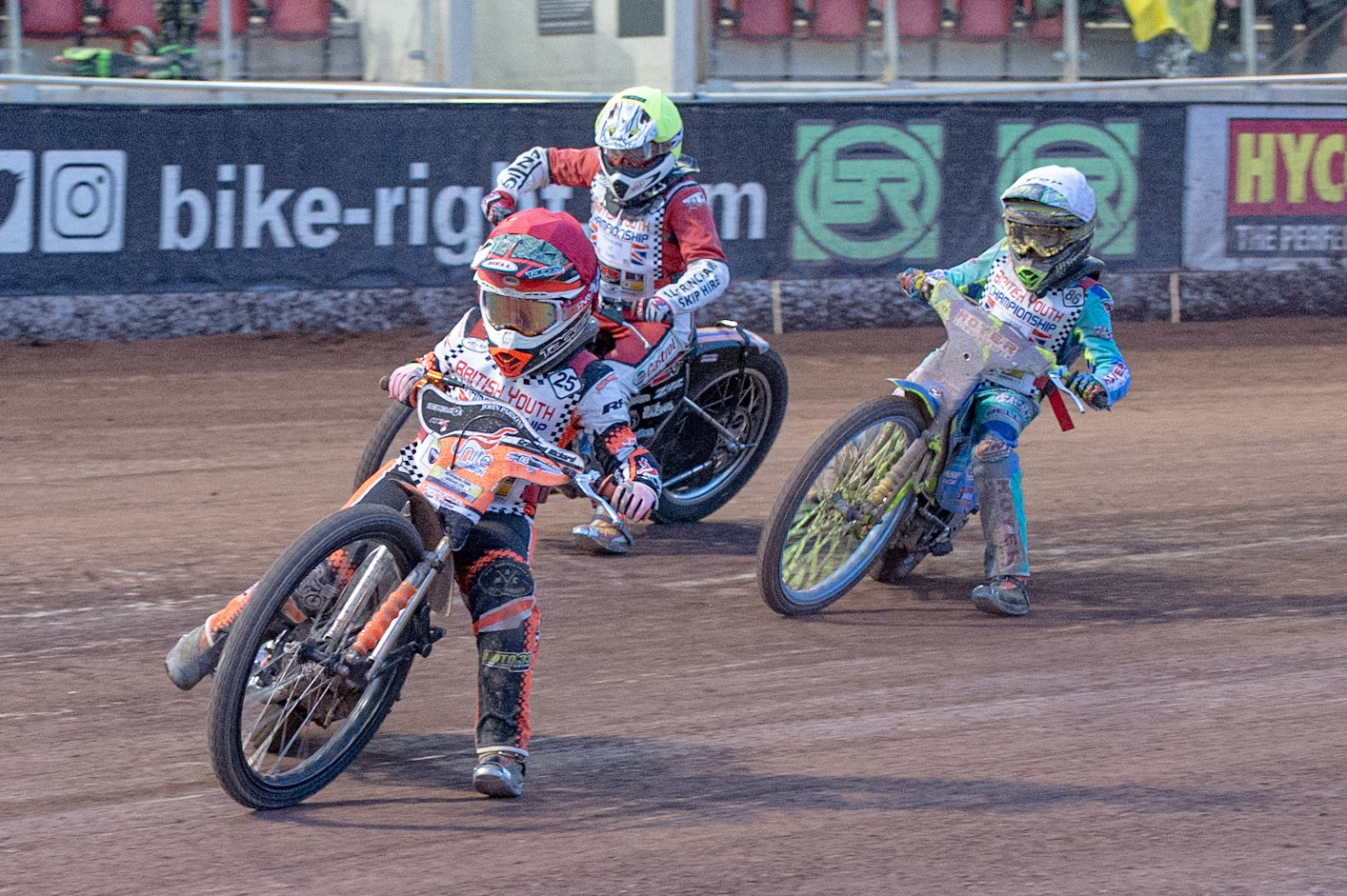 Photo: Ian Charles

Charlie Wood (Red) leads Max James (White) and Vinnie Foord (Yellow)

Summer Speed Saturday & British Youth Speedway Championship Round 5, National Speedway Stadium, Manchester, Saturday 22 June 2019