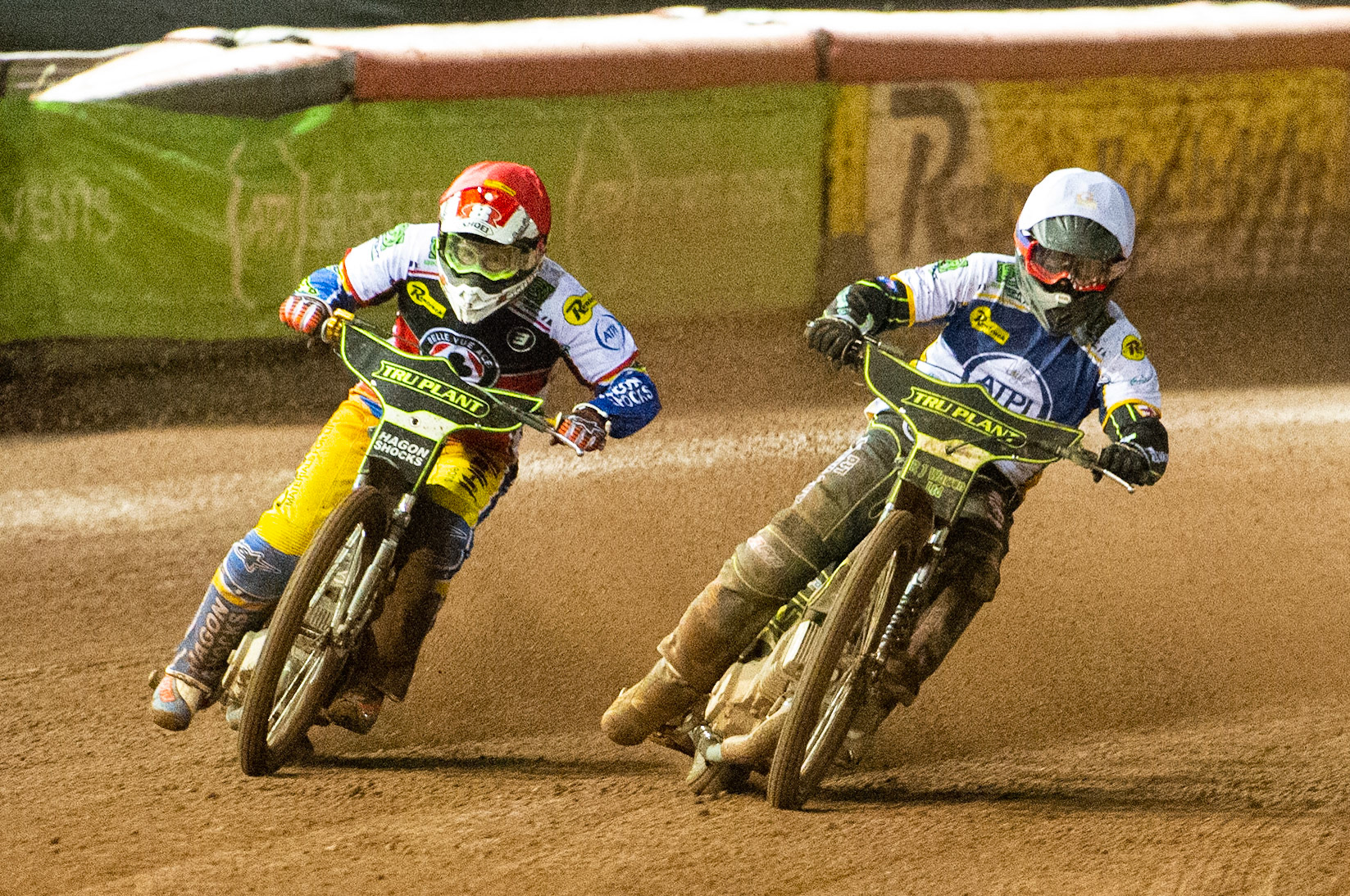 Photo: Ian CharlesJason Crump of Belle Vue 'BikeRight' Aces  (Red) outside Danny King of the 'ATPI' All Stars  (White)Belle Vue ‘Bikerite ’Aces v ‘ATPI’ All Stars, Premiership Challenge, National Speedway Stadium, Manchester Thursday  24  September  2020