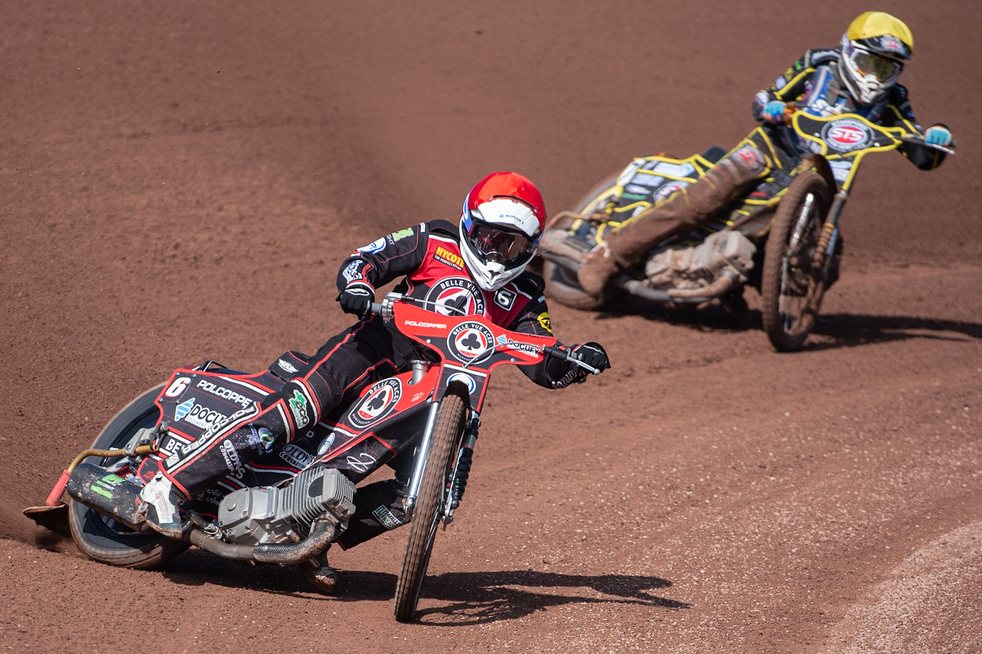 Photo: Ian Charles

Jaimon Lidsey  (Red) leads Tero Aarnio (Yellow)

Belle Vue Aces v Kings Lynn Stars, British Speedway Premiership, Belle Vue National Speedway Stadium, Manchester, Monday 26  August  2019