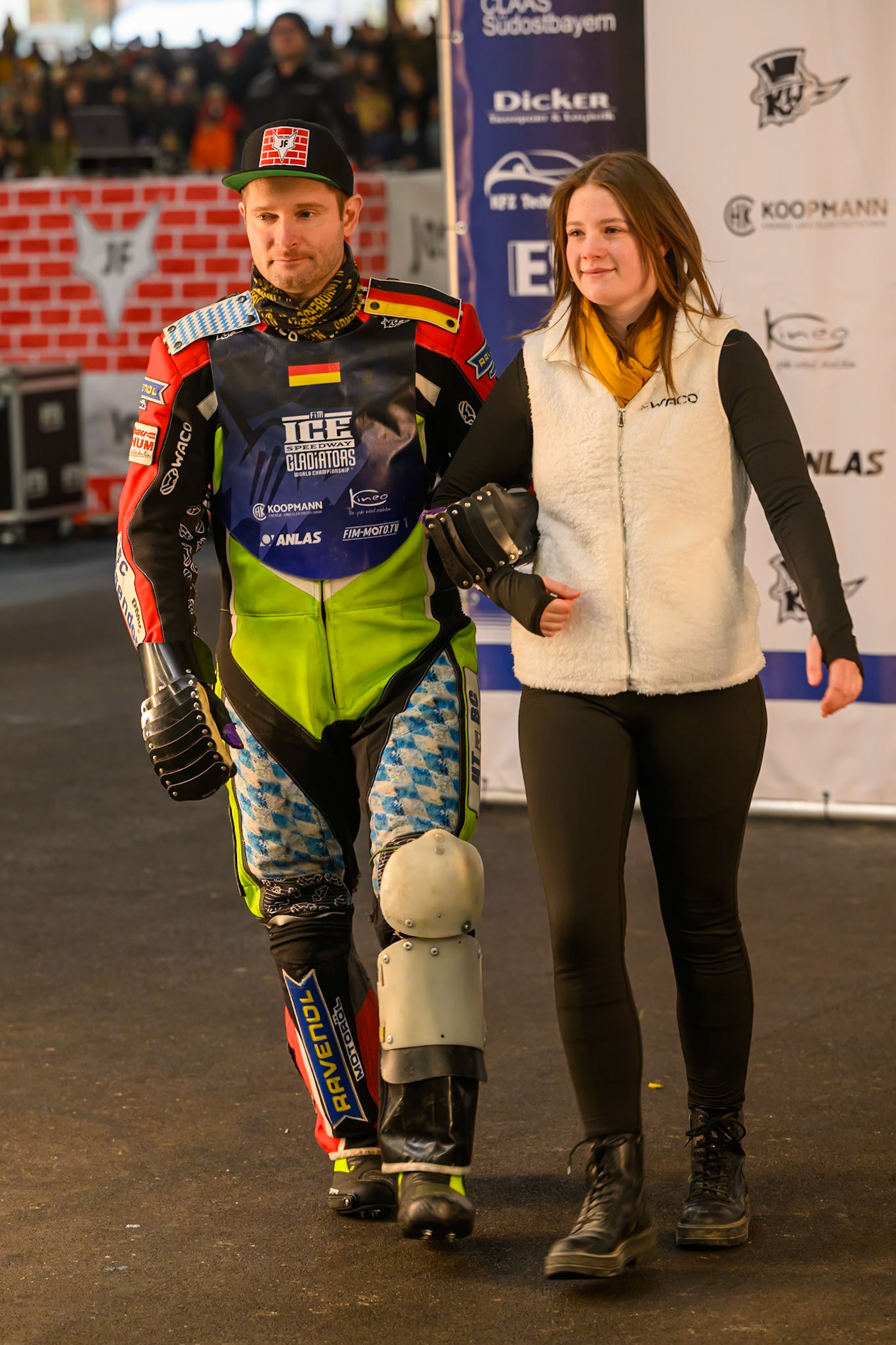 Johann Weber (33) of Germany is accompanied by a start girl  during the Ice Speedway Gladiators World Championship Final 2 at Max-Aicher-Arena, Inzell on Sunday 15th March 2026. (Photo: Ian Charles | MI News)