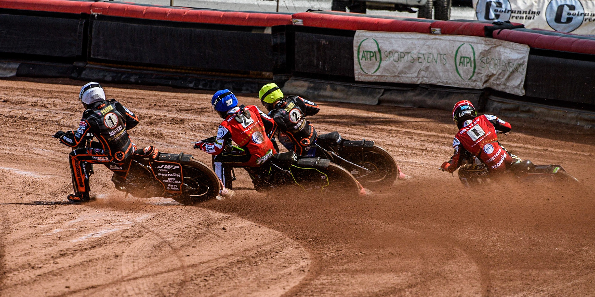 Sam Masters (White) inside Tom Brennan (Blue) Steve Worrall (Yellow) and Dan Bewley (Red) during the Sports Insure Premiership match between Belle Vue Aces and Wolverhampton Wolves at the National Speedway Stadium, Manchester on Monday 29th May 2023. (Photo: Ian Charles | MI News)
