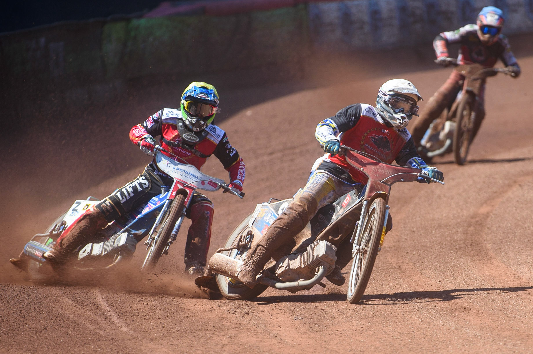 MANCHESTER, UK. MAY 31ST  Bjarne Pedersen  (White) and Hans Andersen (Yellow) lead Steve Worrall (Blue) during the SGB Premiership match between Belle Vue Aces and Peterborough at the National Speedway Stadium, Manchester on Monday 31st May 2021. (Credit: Ian Charles | MI News)