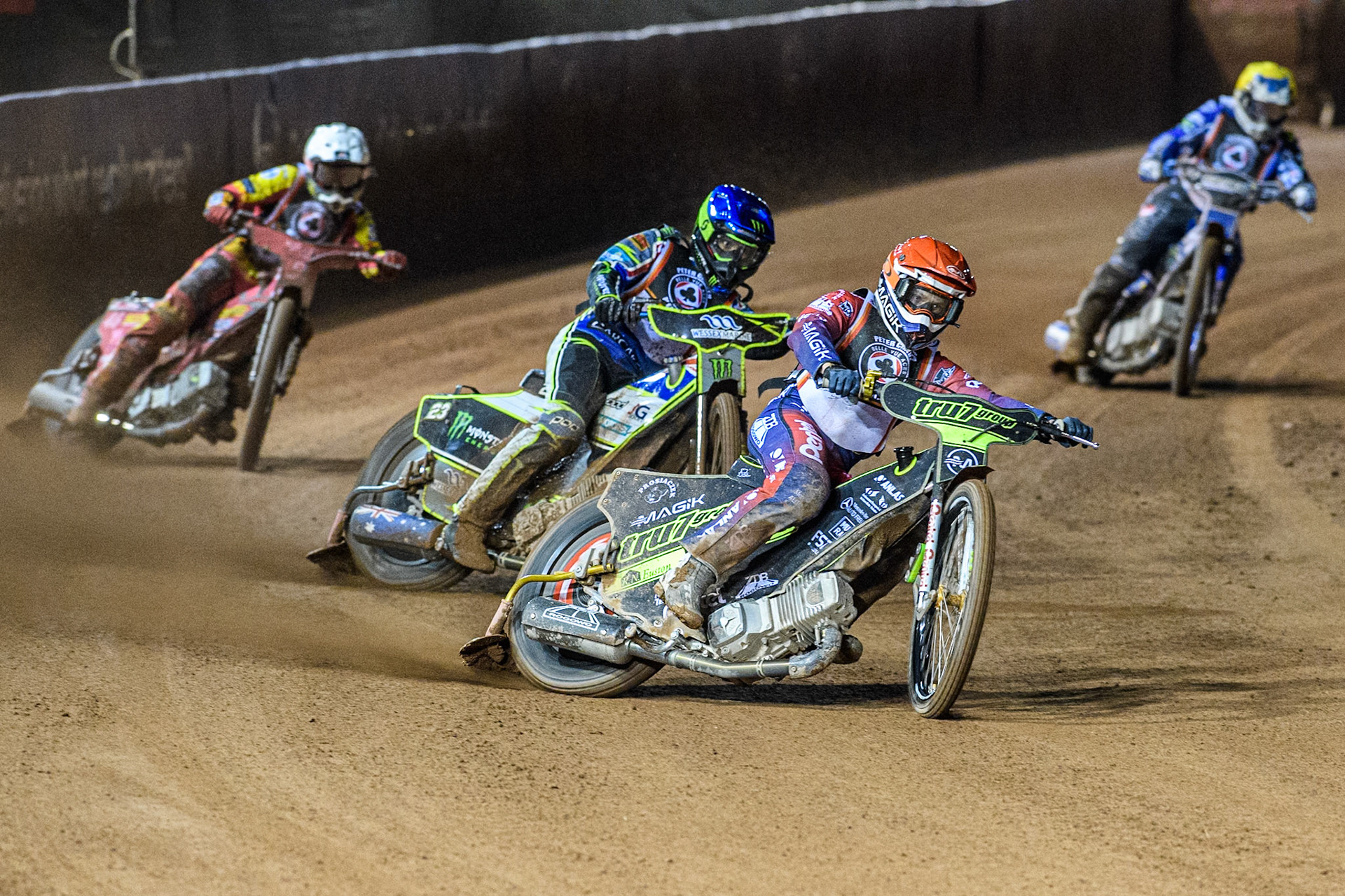Emil Sayfutdinov in Red leading Chris Holder in Blue, Max Fricke in White and Chris Harris in Yellow during the Peter Craven Memorial Trophy at the National Speedway Stadium, Manchester on Monday 17th March 2025. (Photo: Ian Charles | MI News)