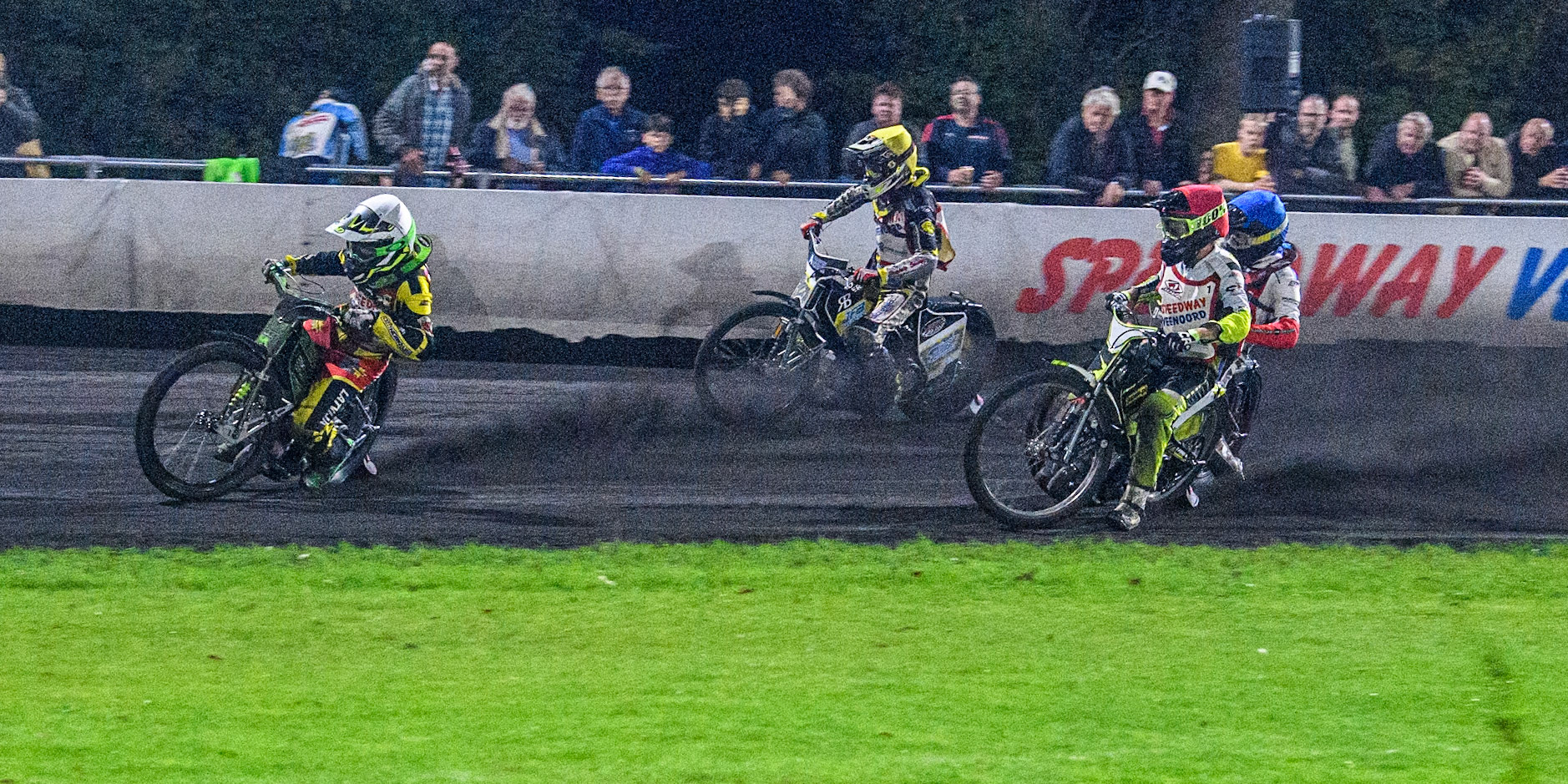 With all the riders tied of 3 points after 2 Finals, a third Final was needed to decide the result: Damirs Filimonov of Latvia in White leading Mika Meijer of The Netherlands in Yellow, Lars Skupien of Poland in Red and Patrick Baek of Denmark in Blue during the Golden JOPA Helmet at Sportpark Veenoord, Veenoord, Netherlands on Saturday 21st September 2024. (Photo: Ian Charles | MI News)