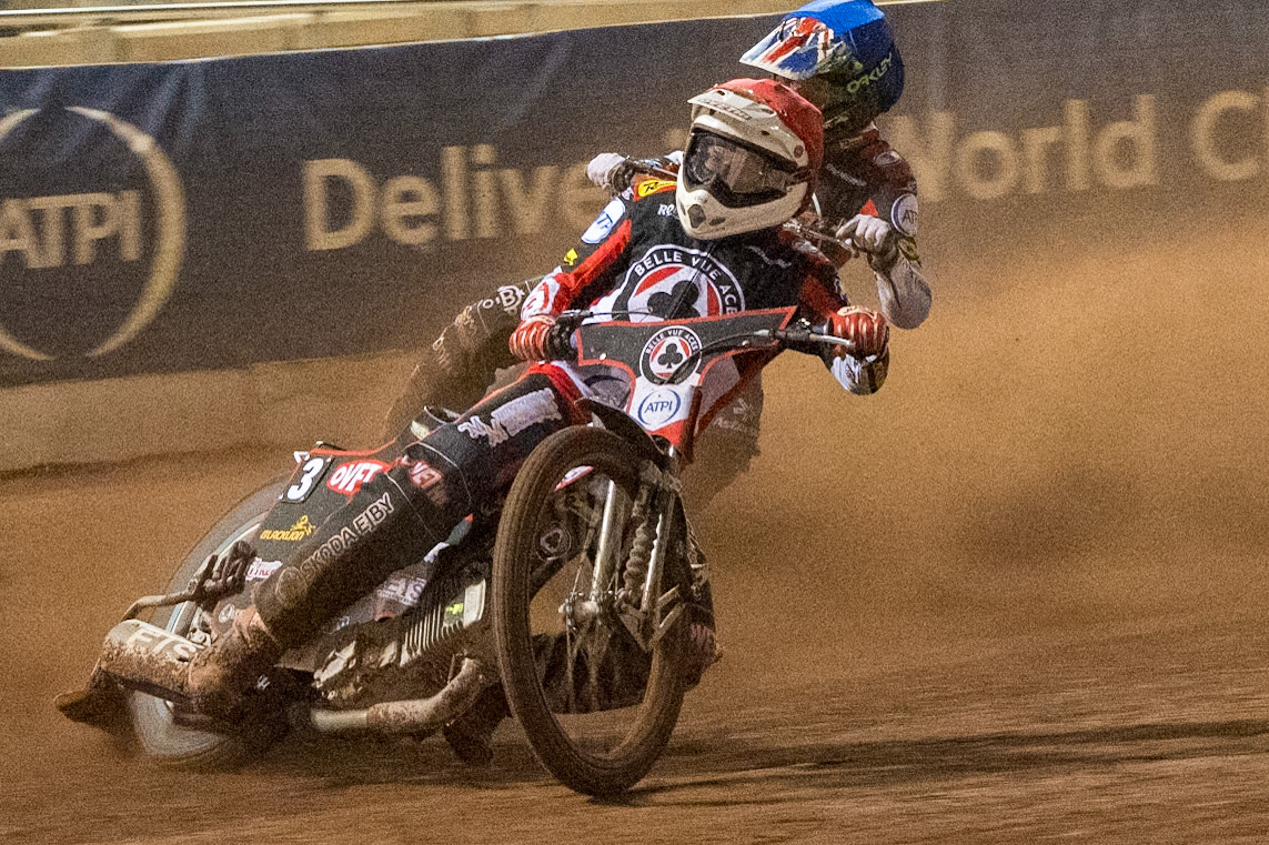 Peter Kildemand of Belle Vue Aces in Red leading William Cairns of Belle Vue Aces in Blue  during the Rowe Motor Oil Premiership match between Belle Vue Aces and Sheffield Tigers at the National Speedway Stadium, Manchester on Monday 14th September 2026. (Photo: Ian Charles | MI News)