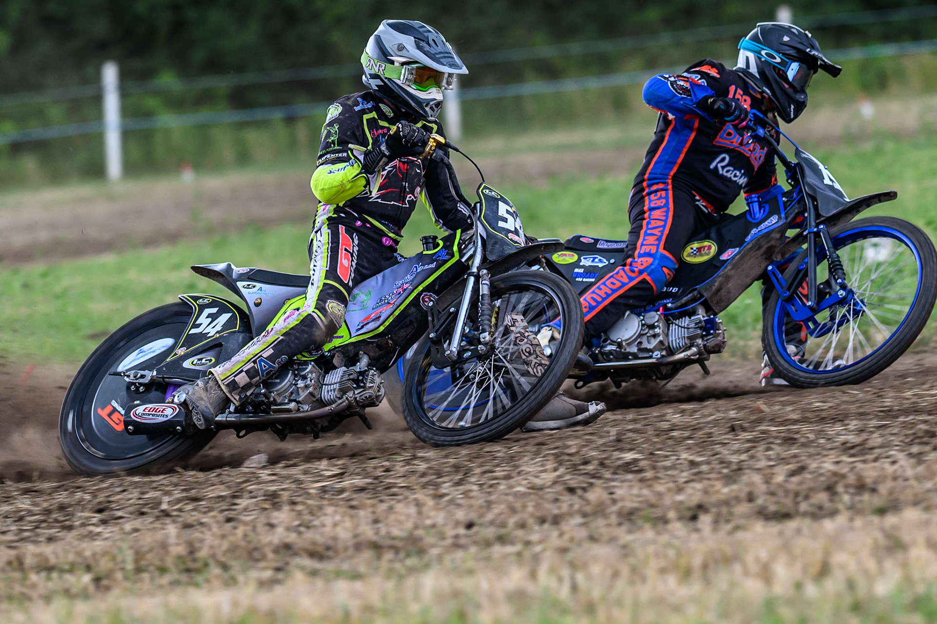 Wayne Broadhurst (158) leading Ian Clark (54) in the GT140 Class during the ACU Northern Grass Track Riders Championship at Cheshire Grass Track Club, Frog Lane, Knutsford, Cheshire on Sunday 20th July 2025. (Photo: Ian Charles | MI News)