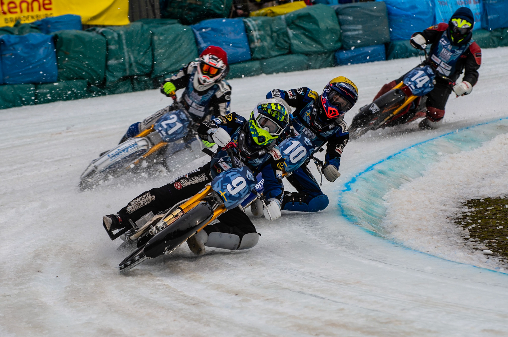 BERLIN GERMANY  - March 1  Martin Haarahiltunen (White) leads Niclas Svensson (Yellow) Mikko Jetsonen (Red) and Christer Biskop (Blue)  during the Ice Speedway of Nations at the Horst-Dohm-Eisstadion, Berlin,  on Sunday 1 March 2020. (Credit: Ian Charles | MI News)