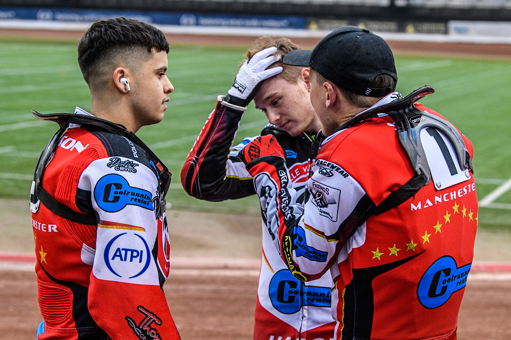 (l - r) James Pearson  Sam Hagon  and Jack Smith  chat during the National Development League match between Belle Vue Aces and Oxford Chargers at the National Speedway Stadium, Manchester on Friday 12th May 2023. (Photo: Ian Charles | MI News)