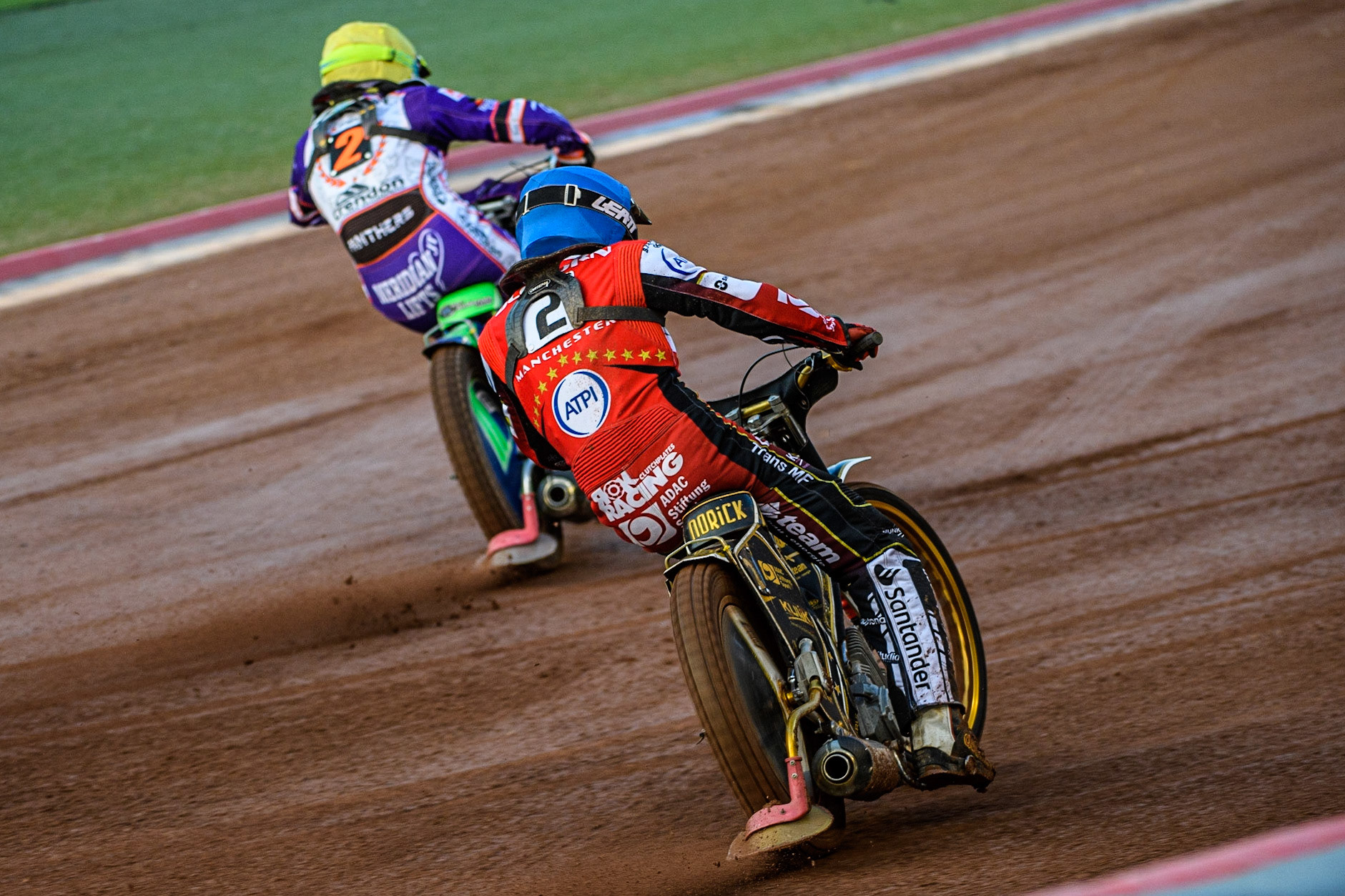 Norick Blodorn  (Blue) chases Hans Andersen  (Yellow) during the SGB Premiership match between Belle Vue Aces and Peterborough at the National Speedway Stadium, Manchester on Monday 24th April 2023. (Photo: Ian Charles | MI News)
