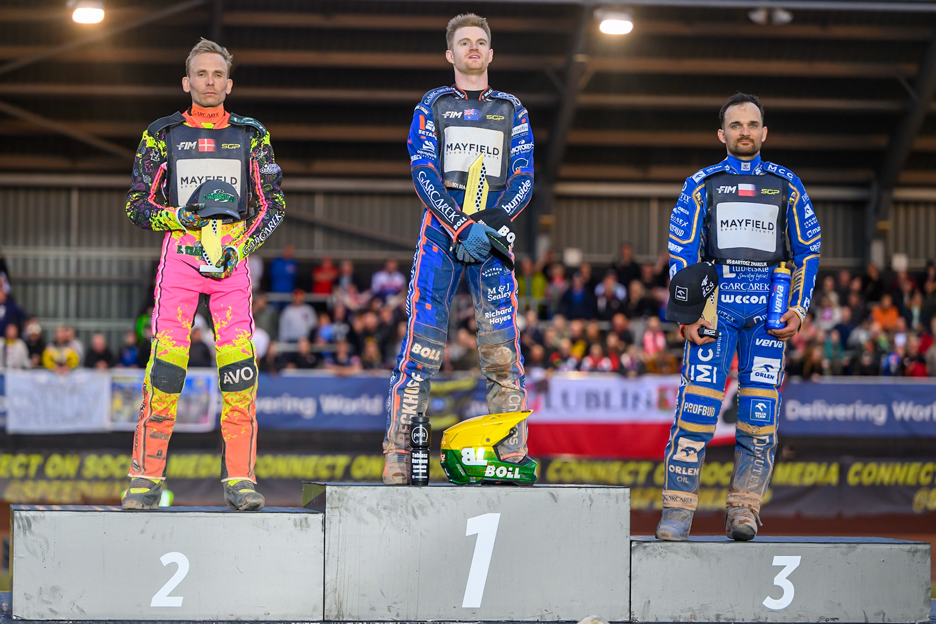 (L to R): Michael Jepsen Jensen (2nd), Brady Kurtz (Winner), Bartosz Zmarzlik (3rd)  during the ATPI  FIM Speedway GP of Manchester at the National Speedway Stadium, Manchester on Saturday 6th June 2026. (Photo: Ian Charles | MI News)